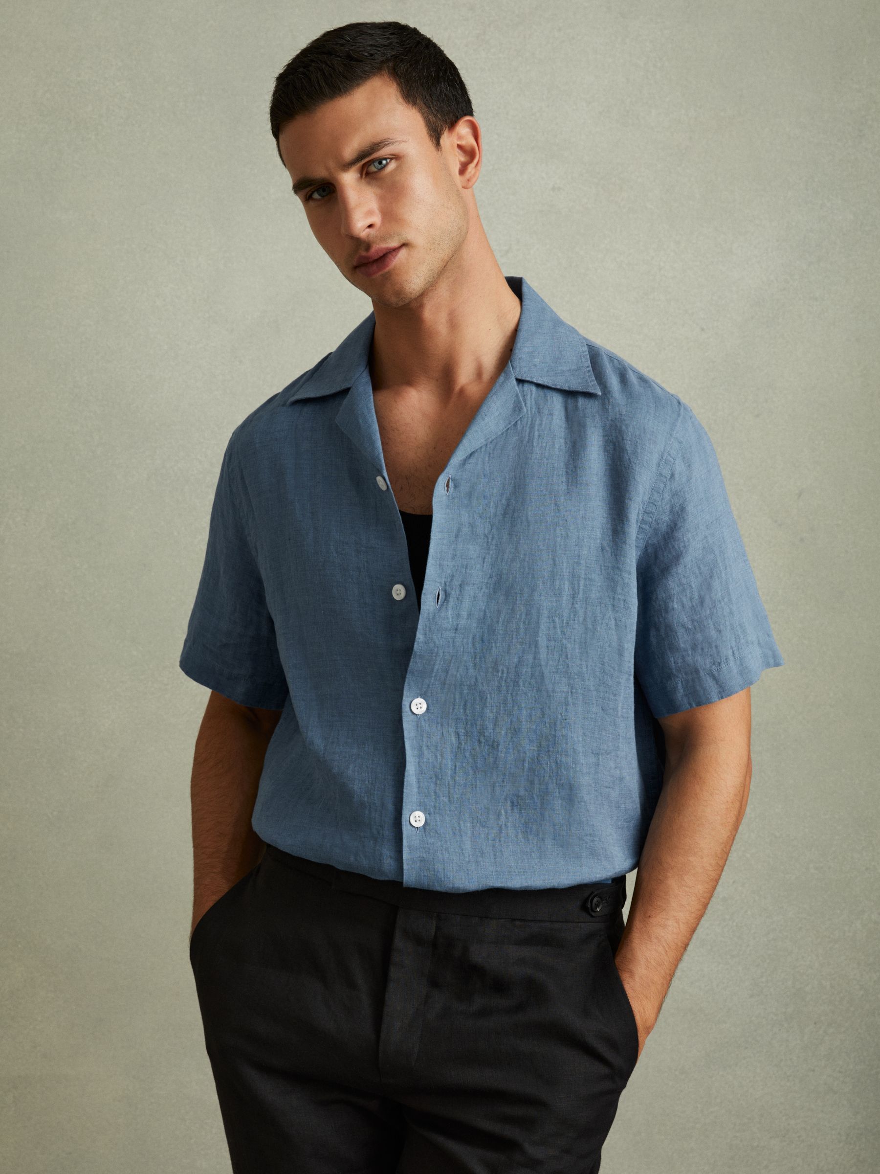 Relaxed Linen Cuban Collar Shirt in Denim Blue - Image 1 of 6