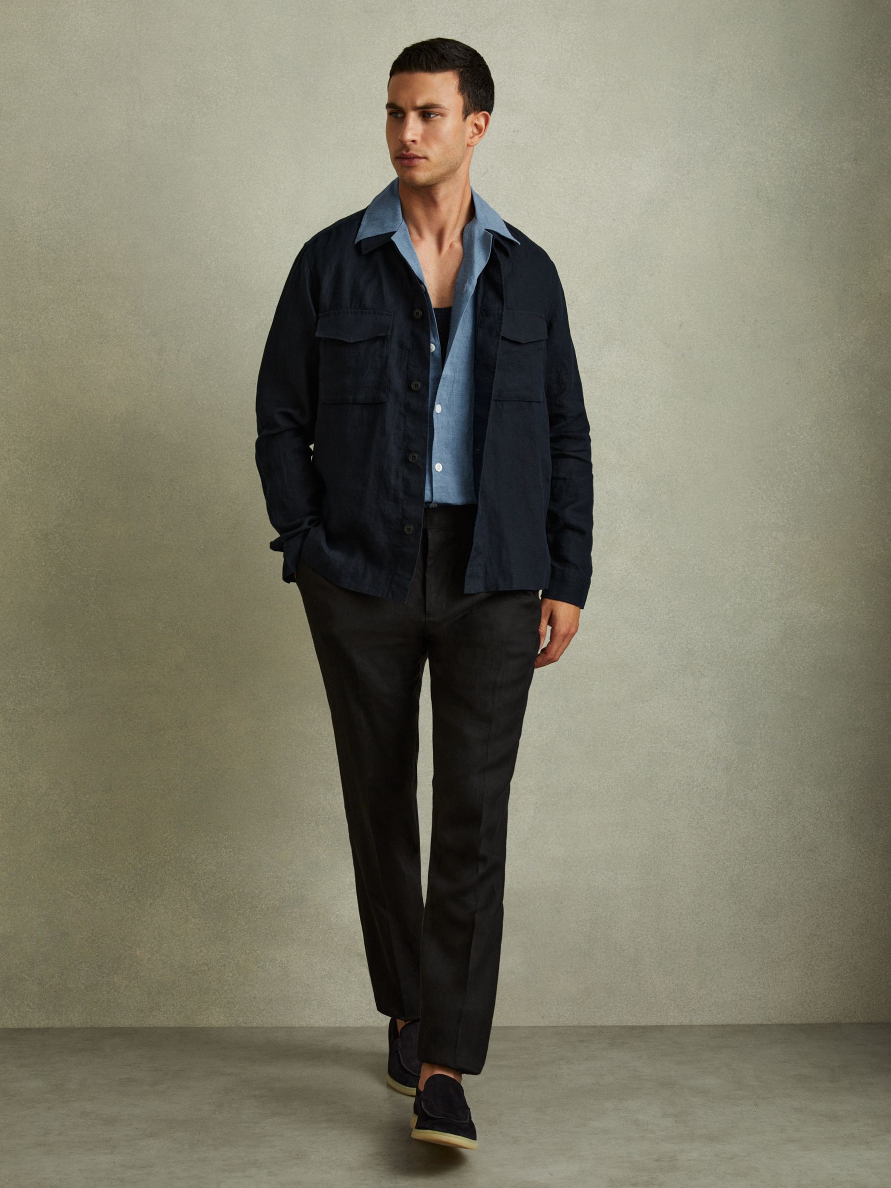 Relaxed Linen Cuban Collar Shirt in Denim Blue - Image 3 of 6