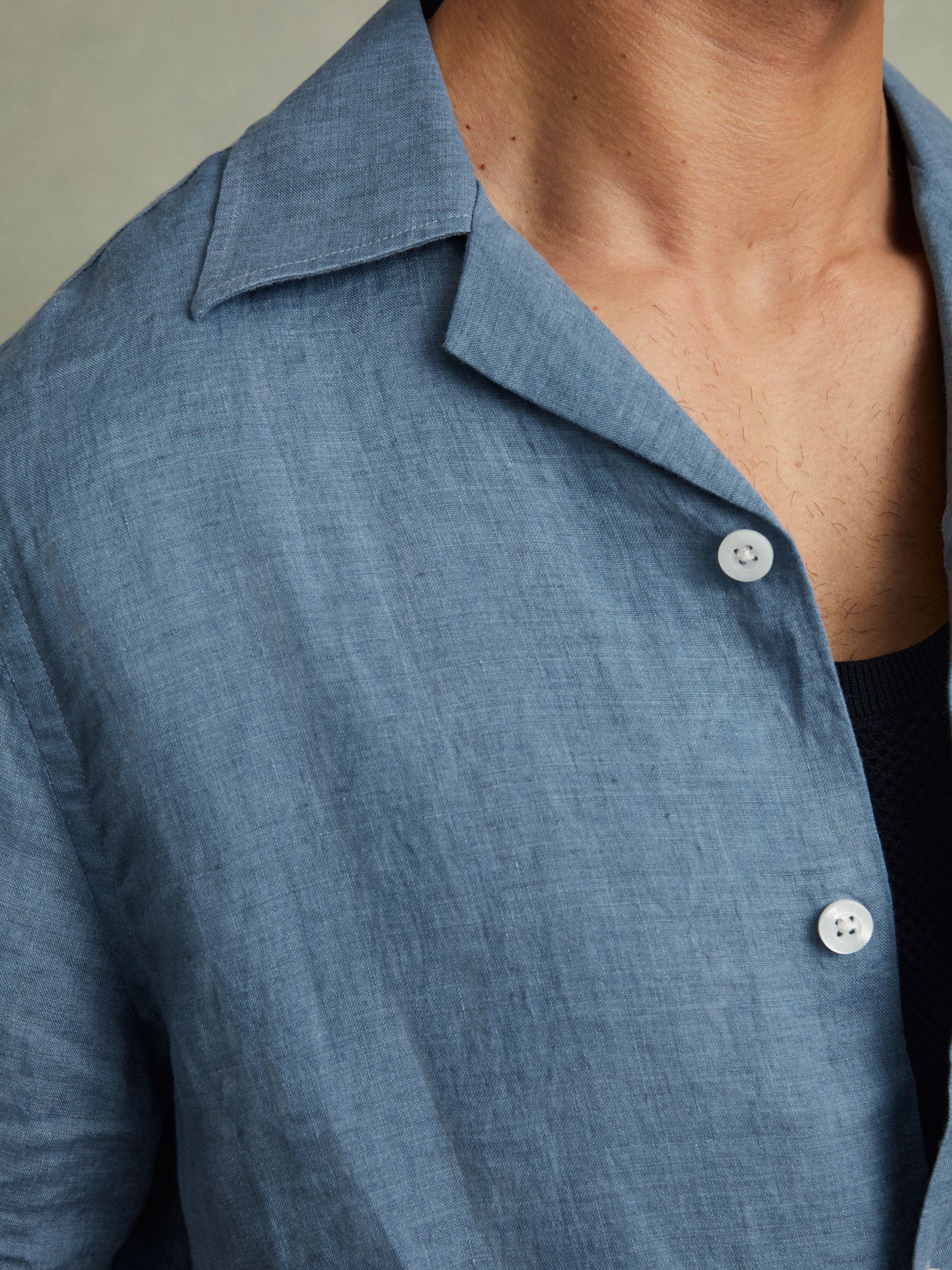 Relaxed Linen Cuban Collar Shirt in Denim Blue - Image 4 of 6
