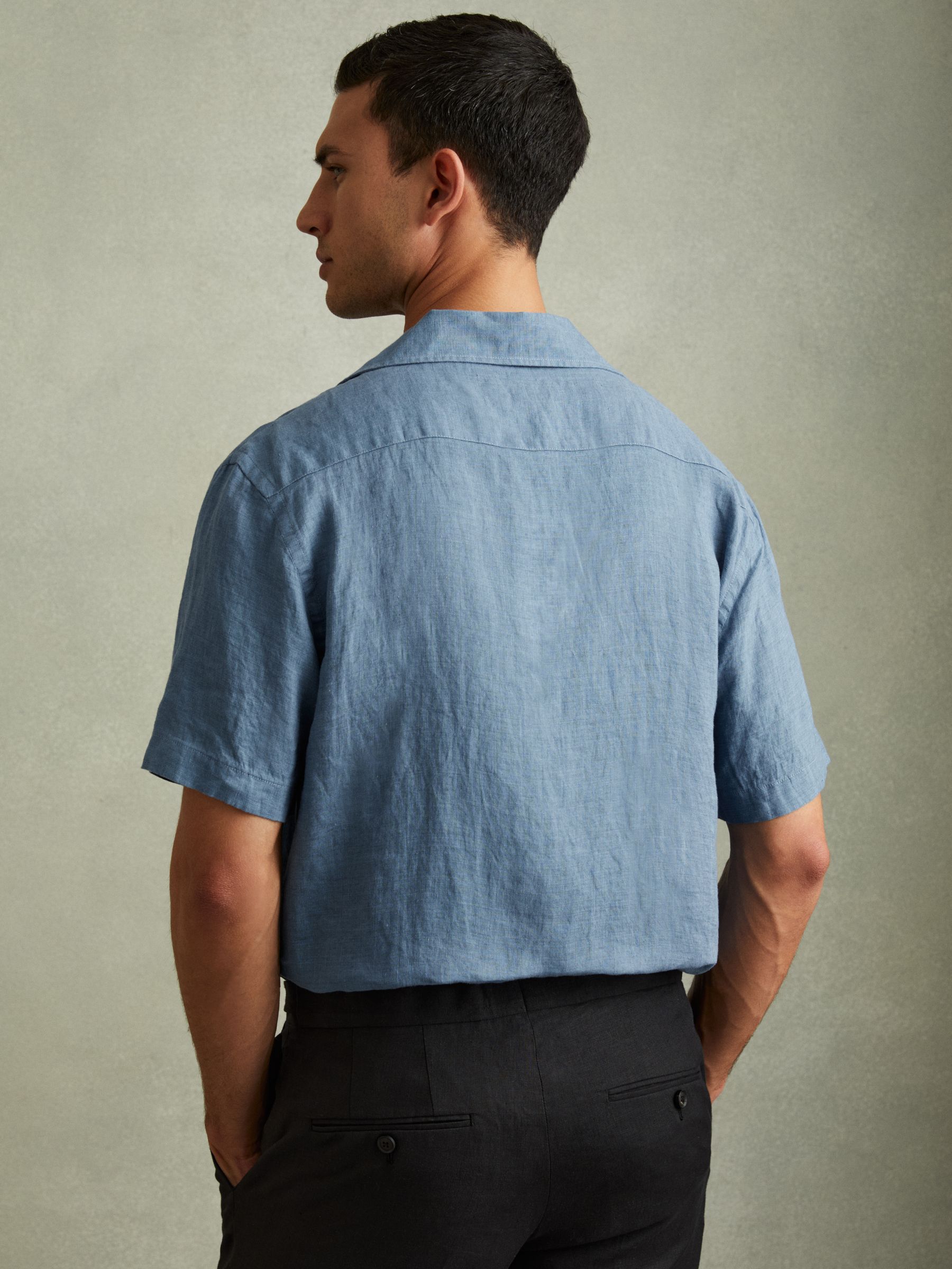 Relaxed Linen Cuban Collar Shirt in Denim Blue - Image 5 of 6