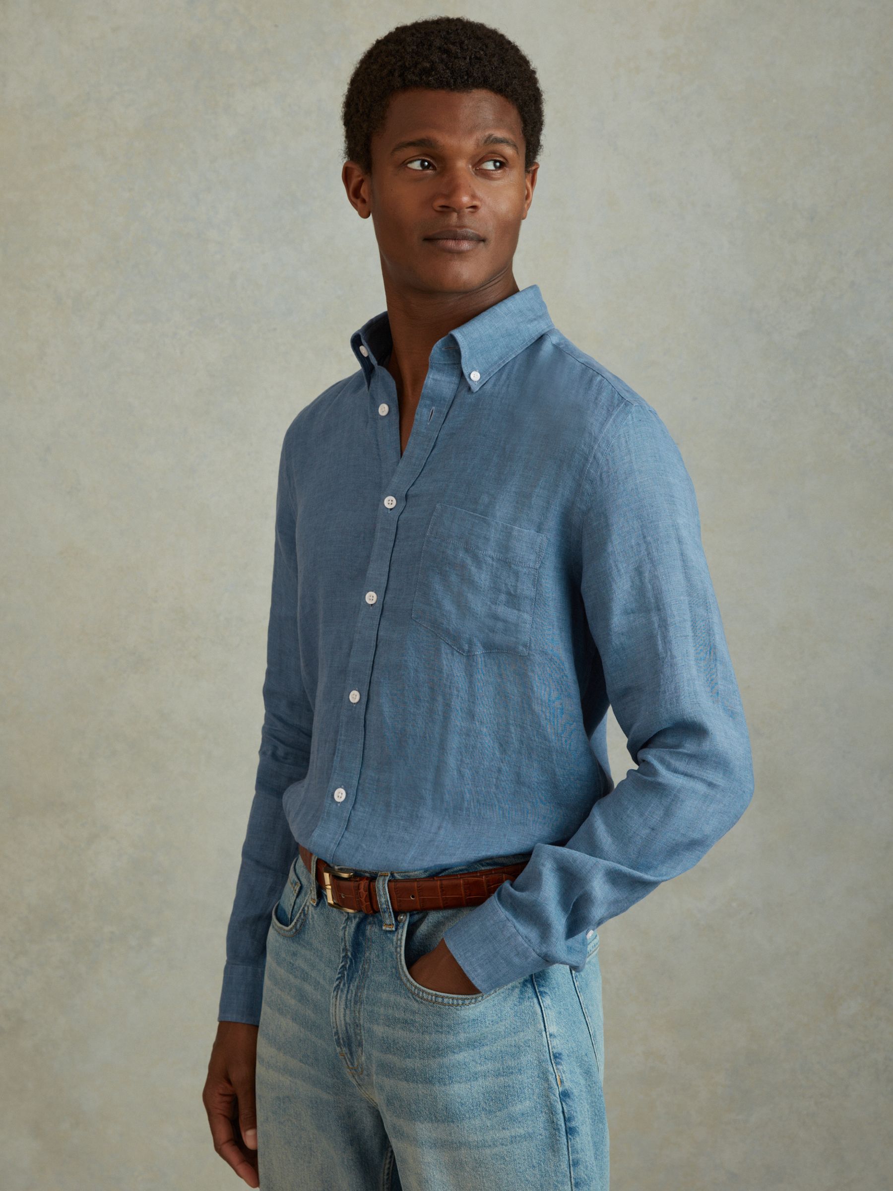 100% Linen Button-Down Collar Shirt in Denim Blue - Image 1 of 6 100% Linen Button-Down Collar Shirt in Denim Blue - Image 1 of 6