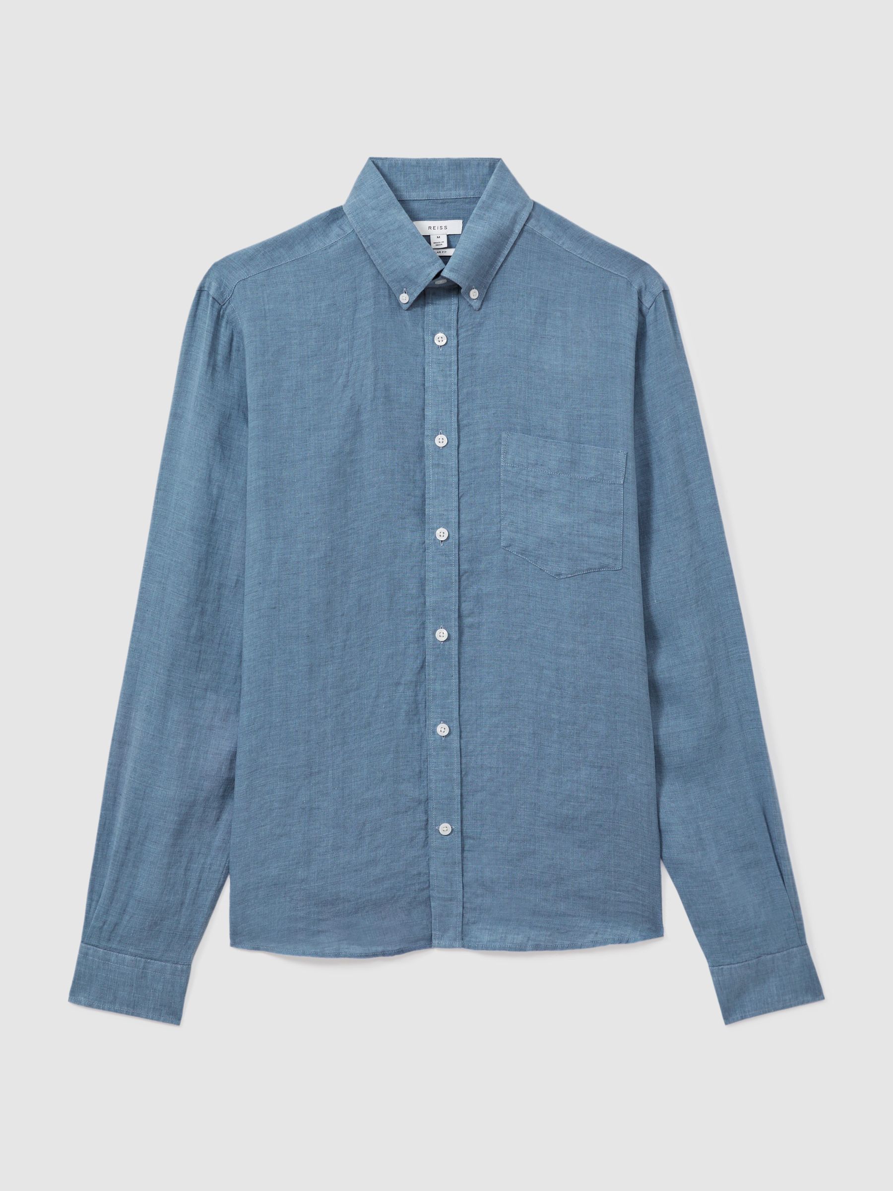100% Linen Button-Down Collar Shirt in Denim Blue - Image 2 of 6