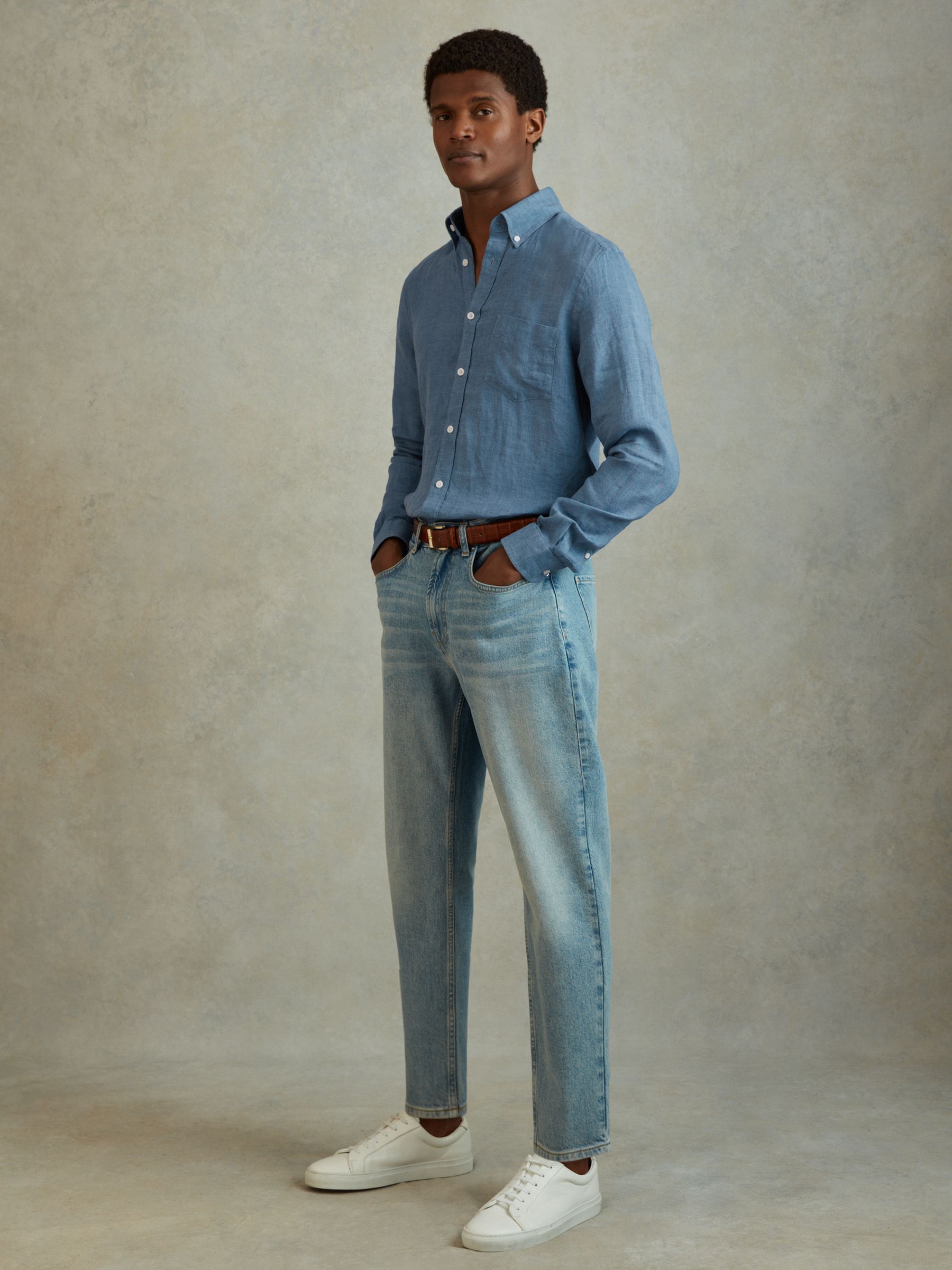 100% Linen Button-Down Collar Shirt in Denim Blue - Image 3 of 6