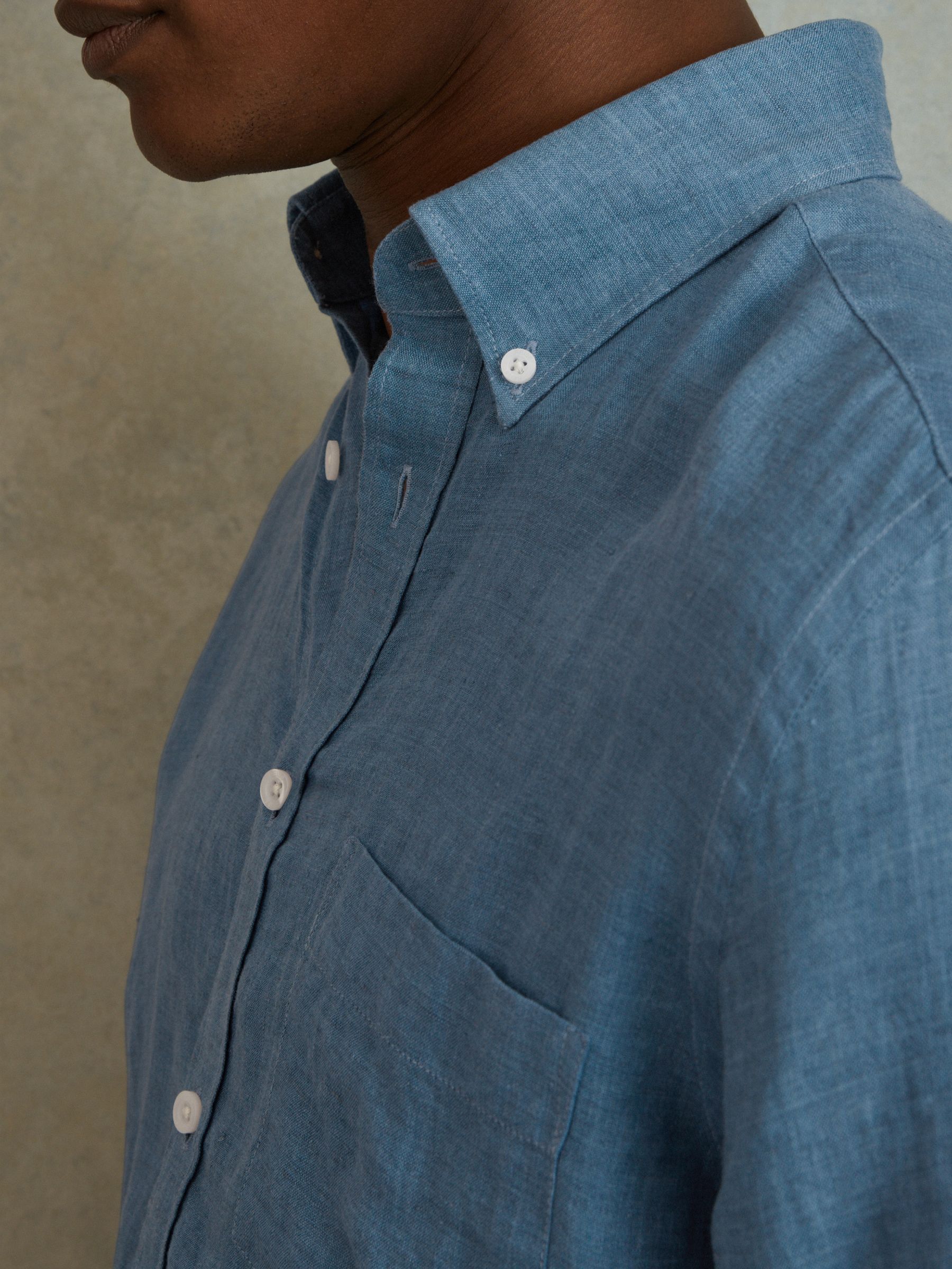 100% Linen Button-Down Collar Shirt in Denim Blue - Image 4 of 6