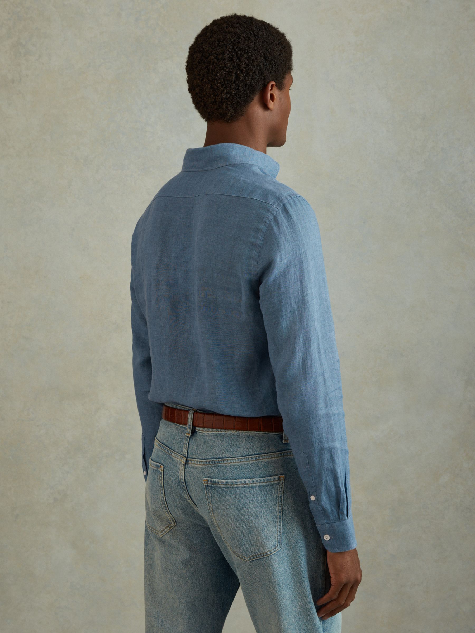 100% Linen Button-Down Collar Shirt in Denim Blue - Image 5 of 6