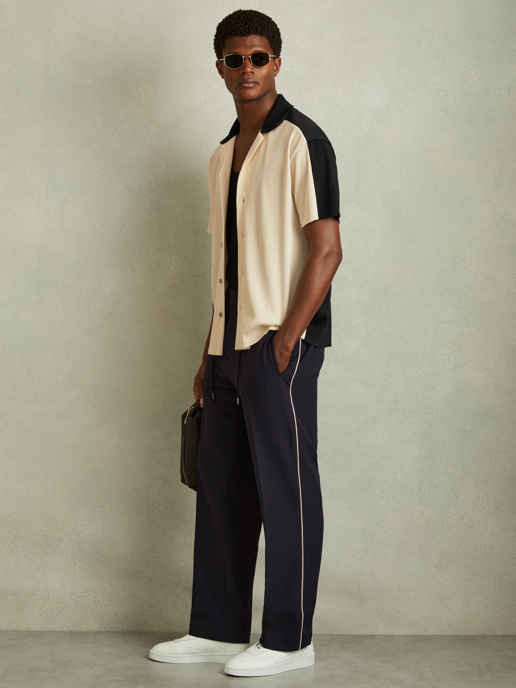 Oversized Plisse Cuban Collar Shirt in Off White/Navy - Image 1 of 6