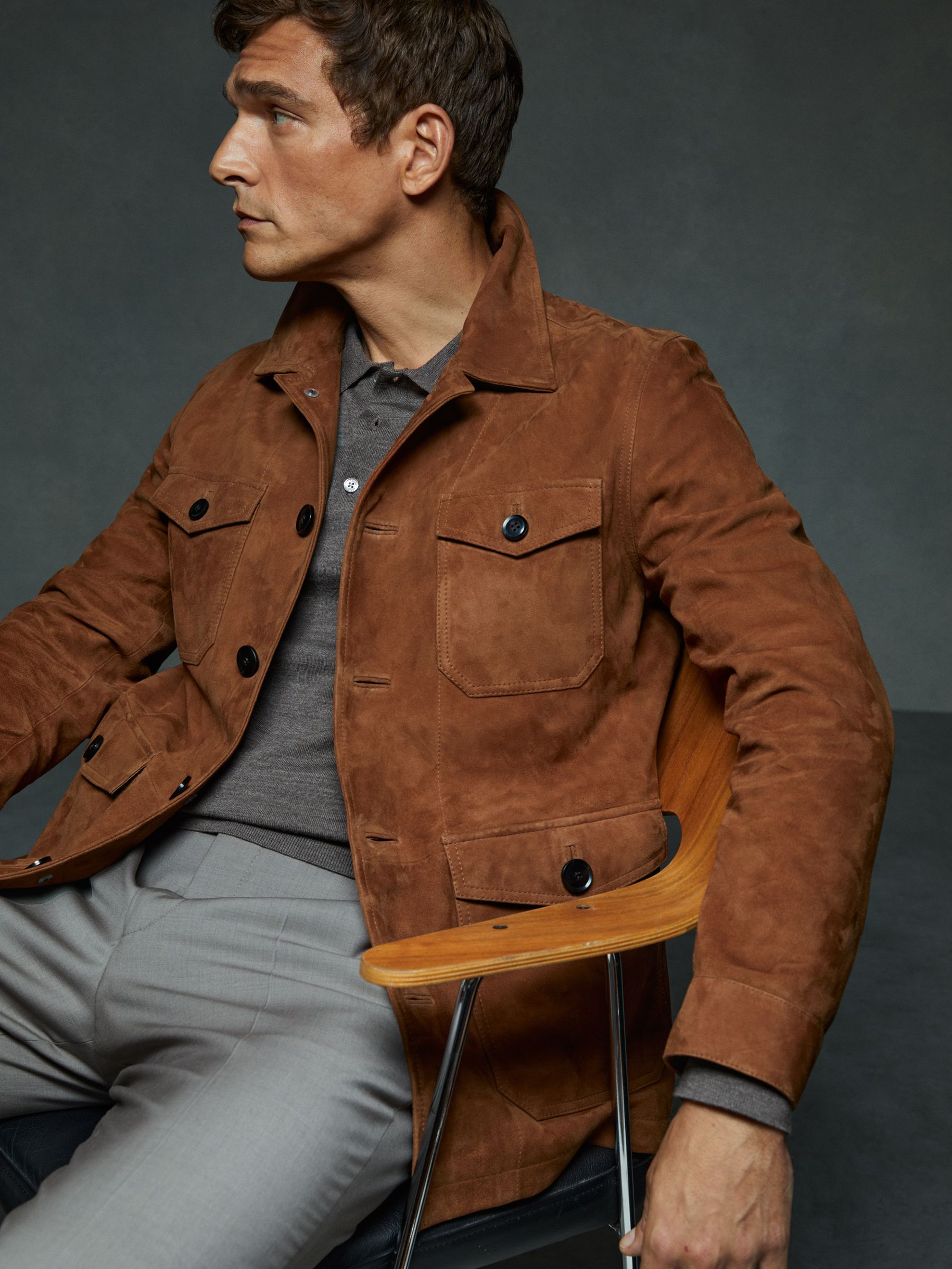 tobacco brown jacket Reiss Clock Tobacco Brown Suede Front Pocket Jacket