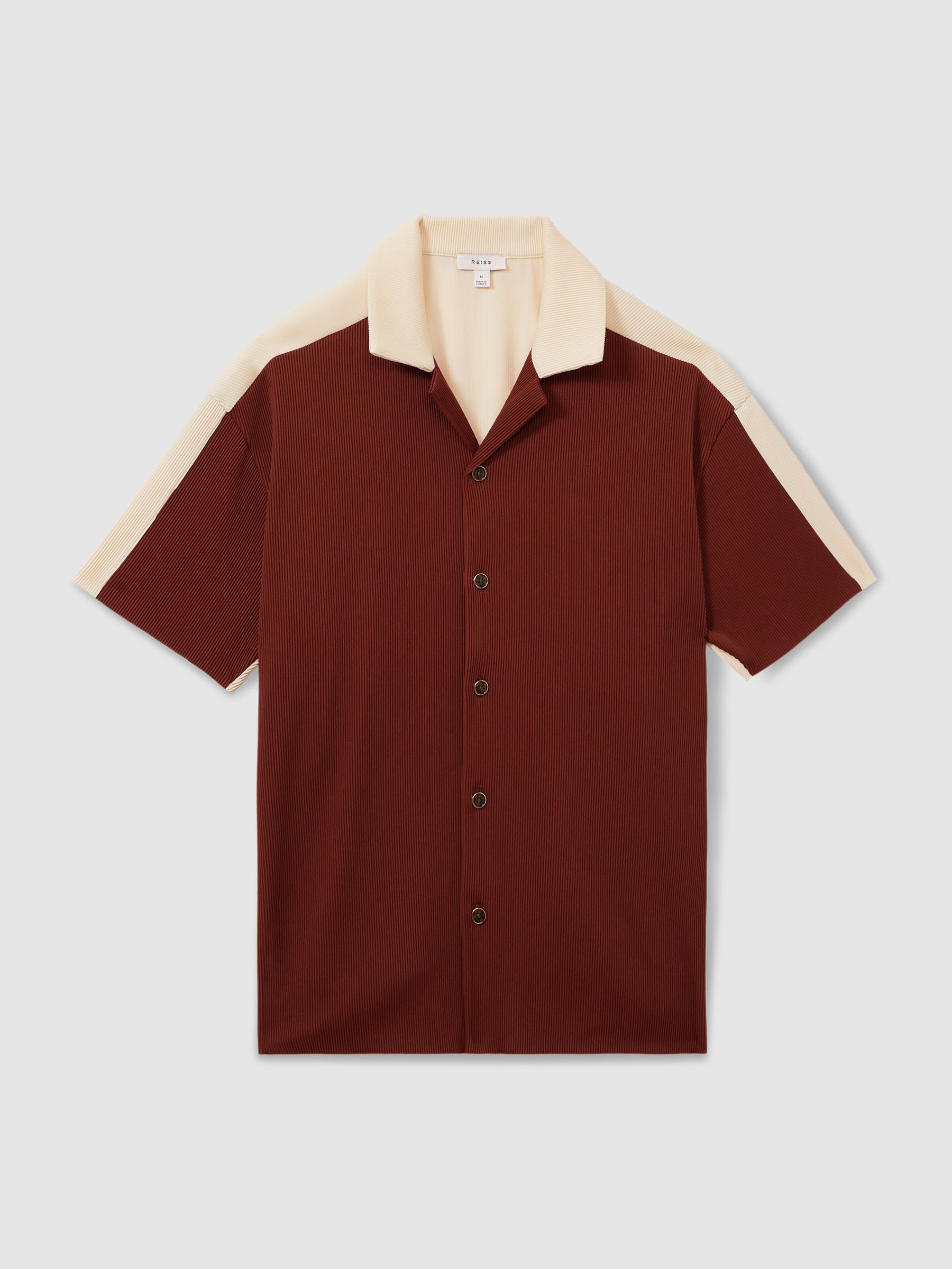 Oversized Plisse Cuban Collar Shirt in Rust Red/ Off White - Image 2 of 6