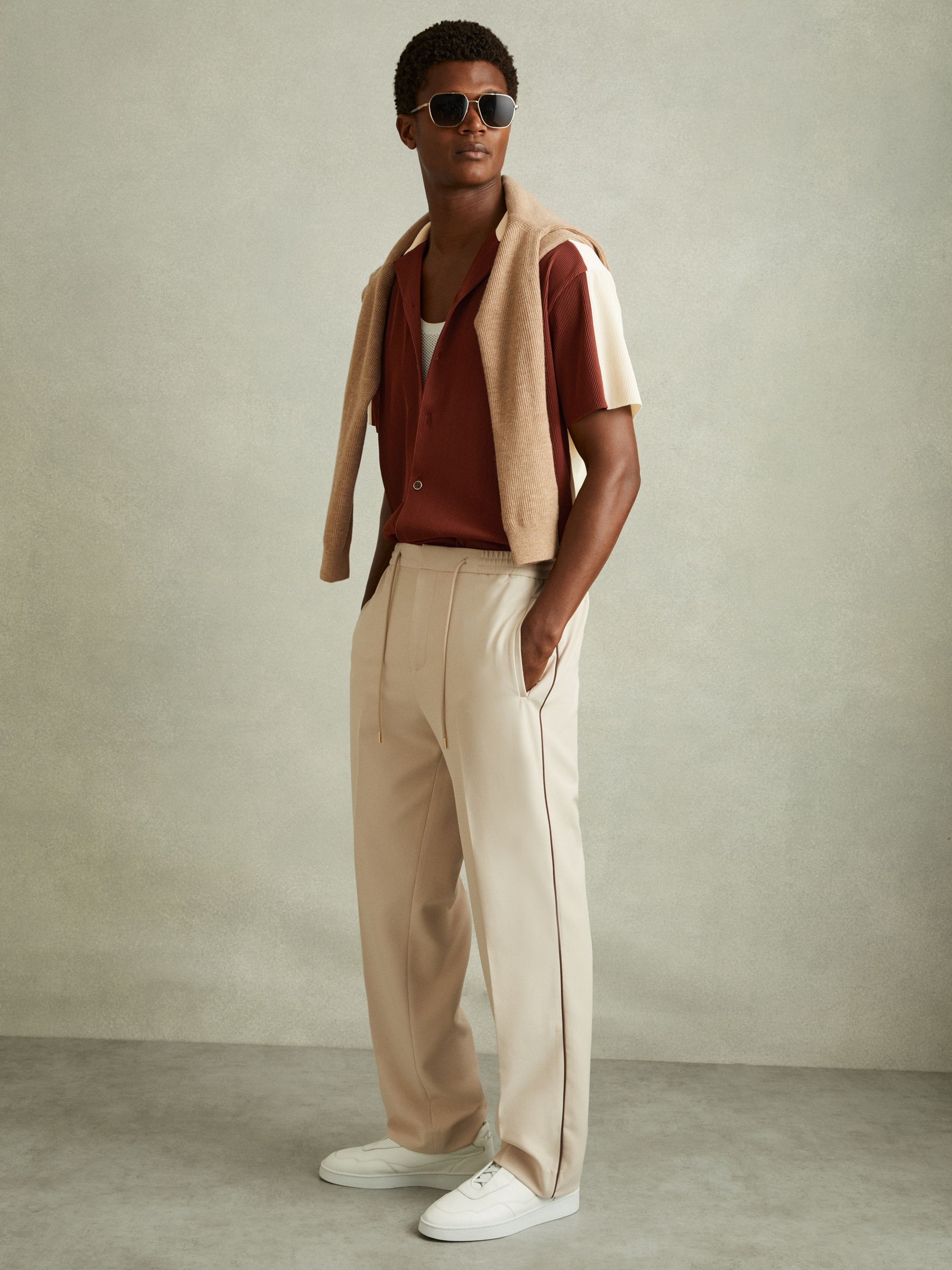 Oversized Plisse Cuban Collar Shirt in Rust Red/ Off White - Image 3 of 6