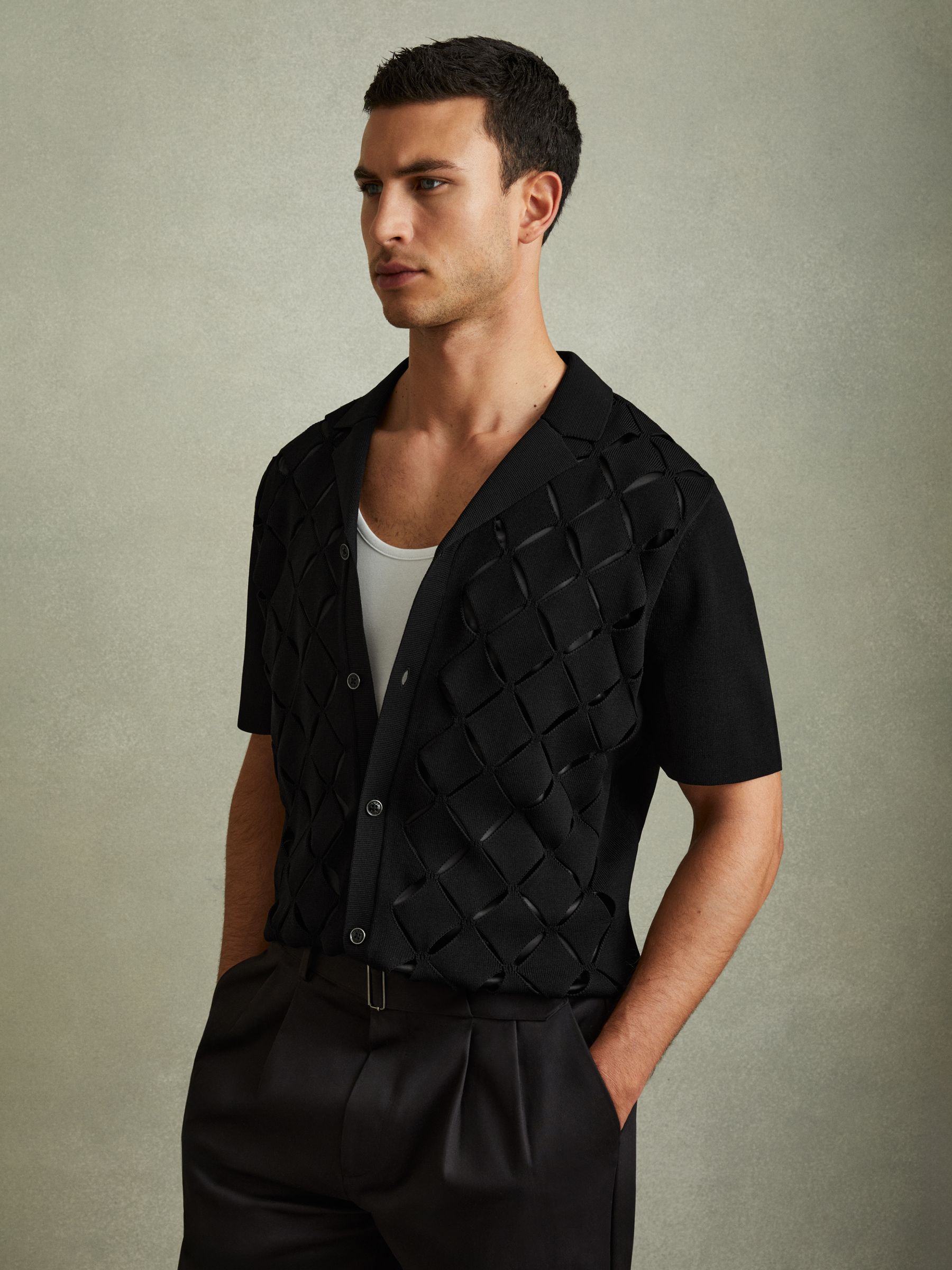 Laser Cut-Out Cuban Collar Shirt in Black - Image 1 of 6 Laser Cut-Out Cuban Collar Shirt in Black - Image 1 of 6