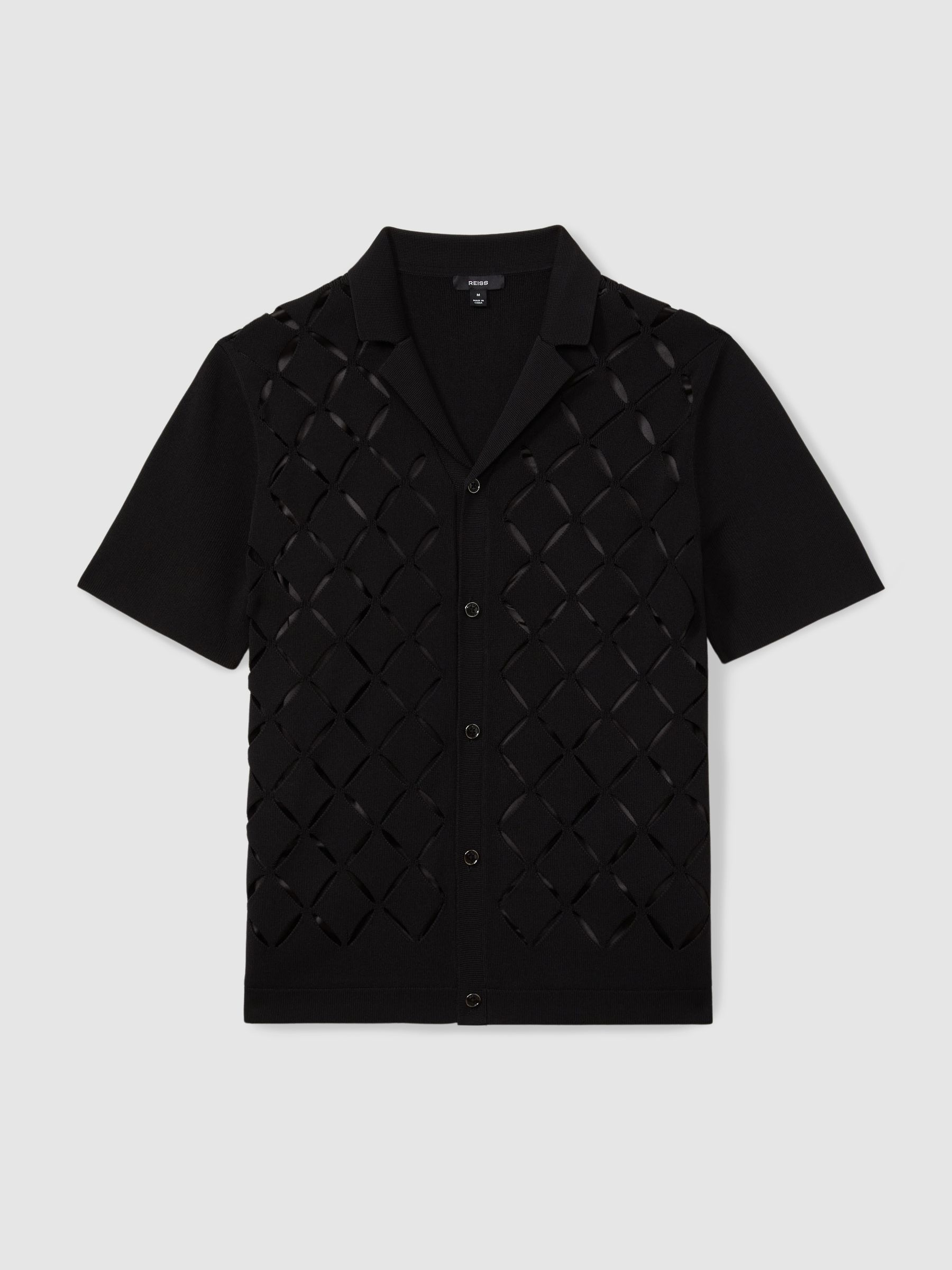 Laser Cut-Out Cuban Collar Shirt in Black - Image 2 of 6 Laser Cut-Out Cuban Collar Shirt in Black - Image 2 of 6