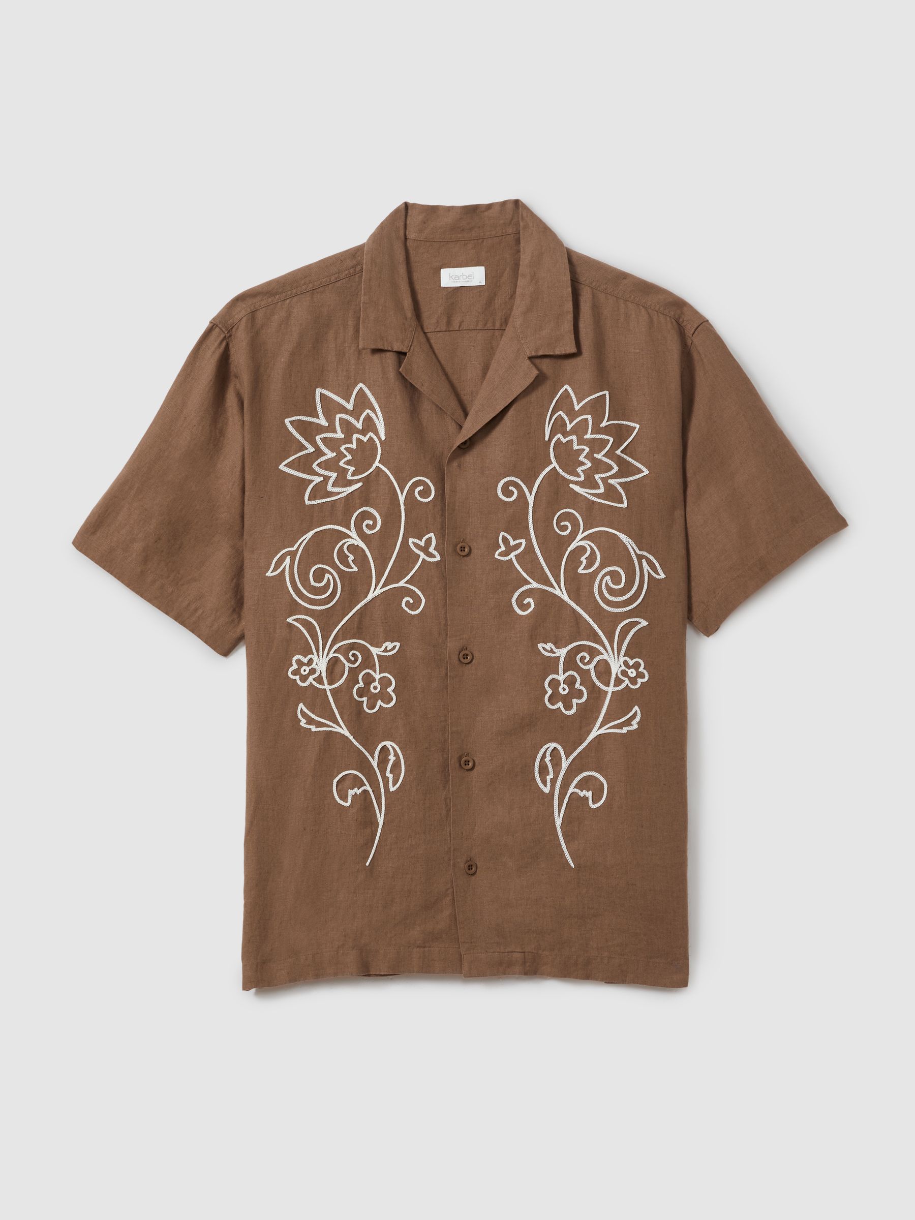 Linen Embroidered Cuban Collar Shirt in Tobacco Brown - Image 2 of 6