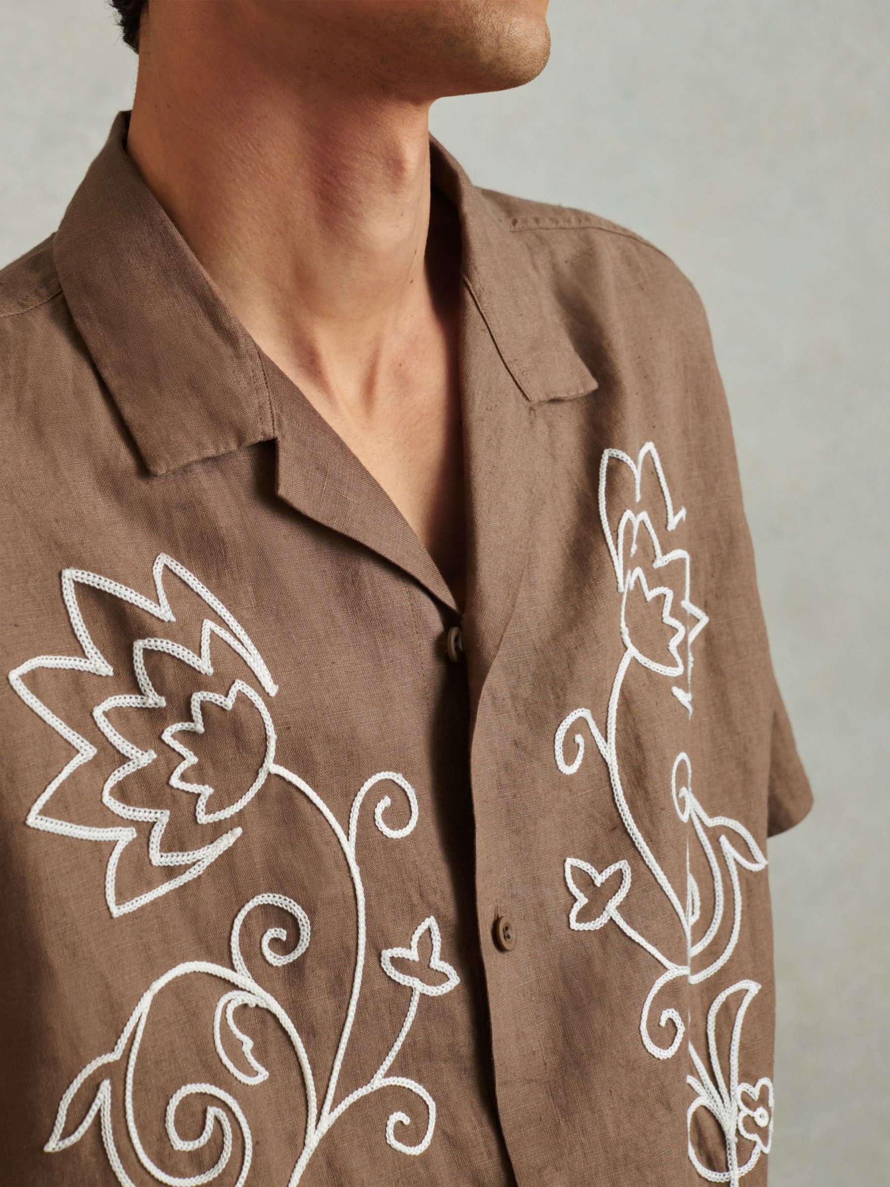 Linen Embroidered Cuban Collar Shirt in Tobacco Brown - Image 4 of 6