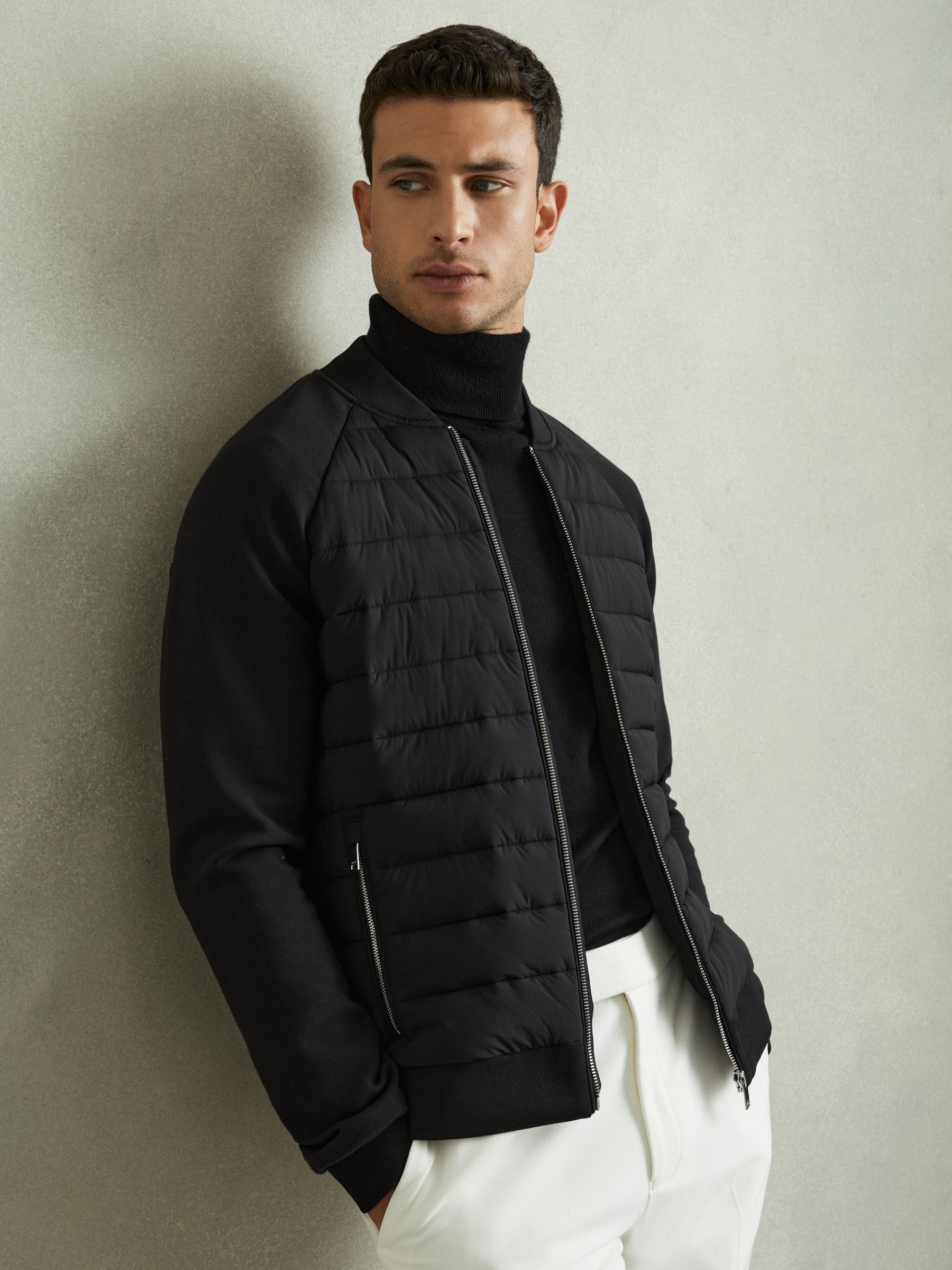 Hybrid Quilt Raglan-Sleeve Bomber Jacket in Black - Image 3 of 6
