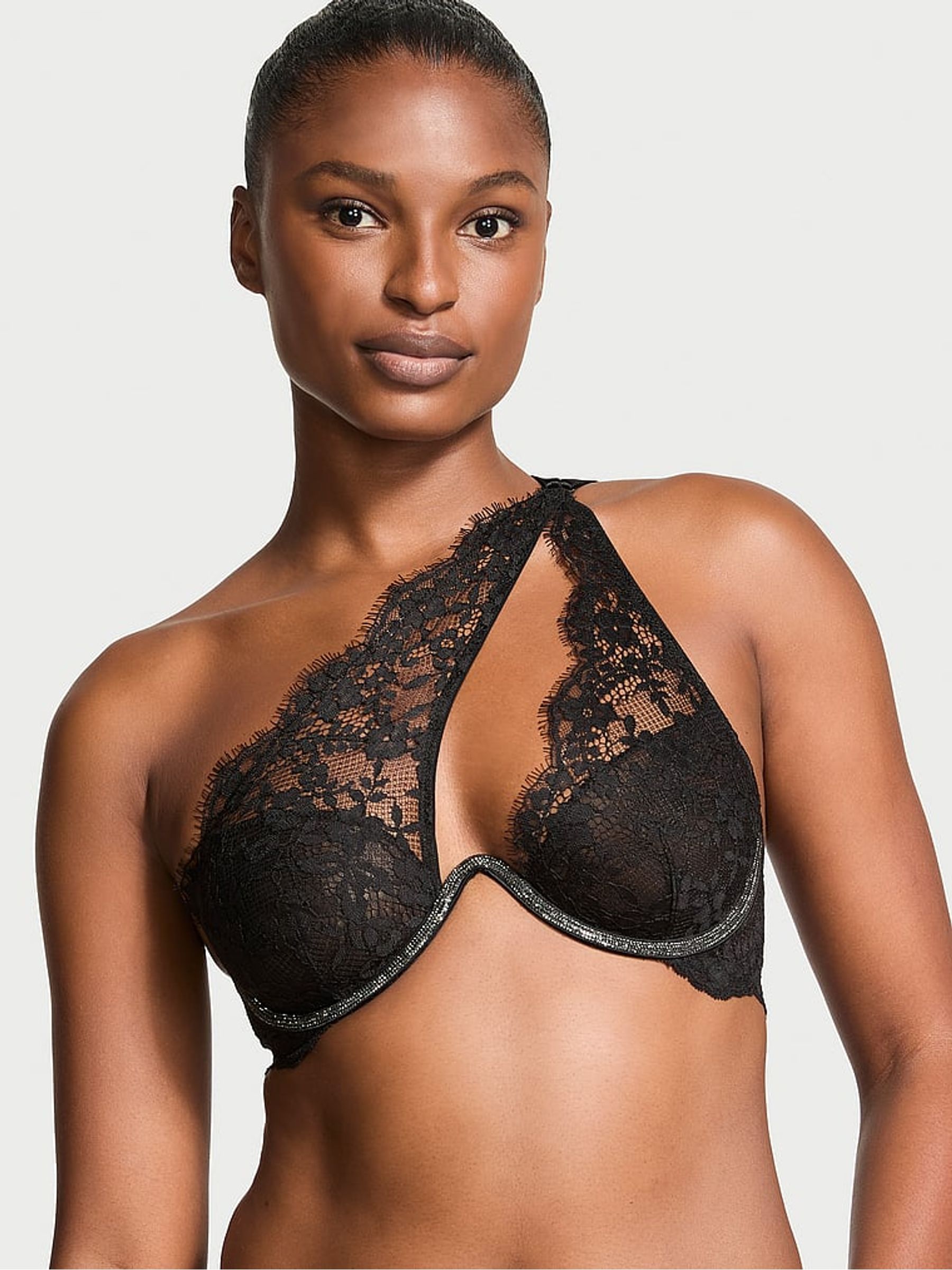 Black One Shoulder Monowire Twinkle Shine Strap Bra - Image 1 of 3