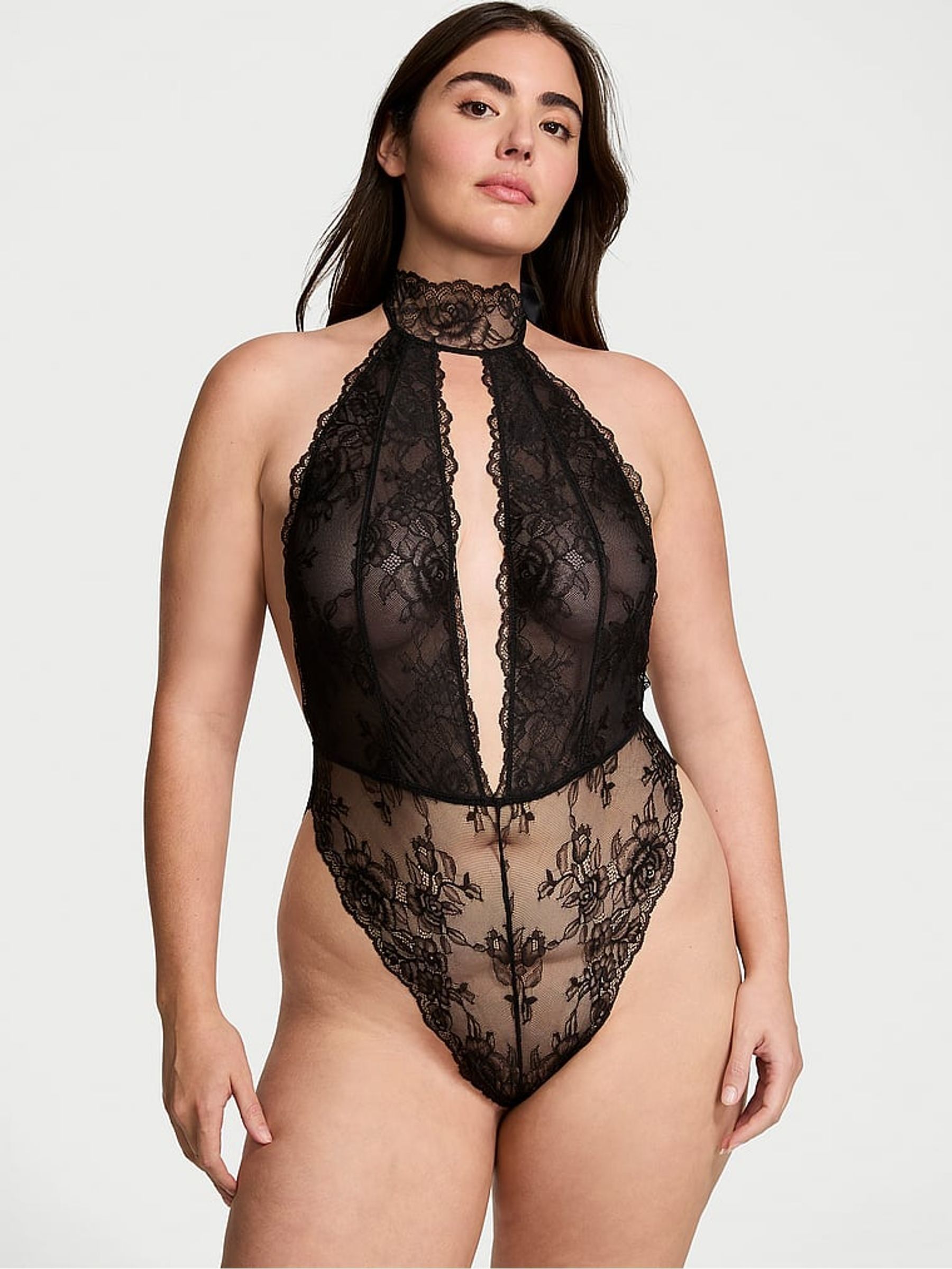 Black Rose Lace Halter Crotchless Bodysuit - Image 1 of 3