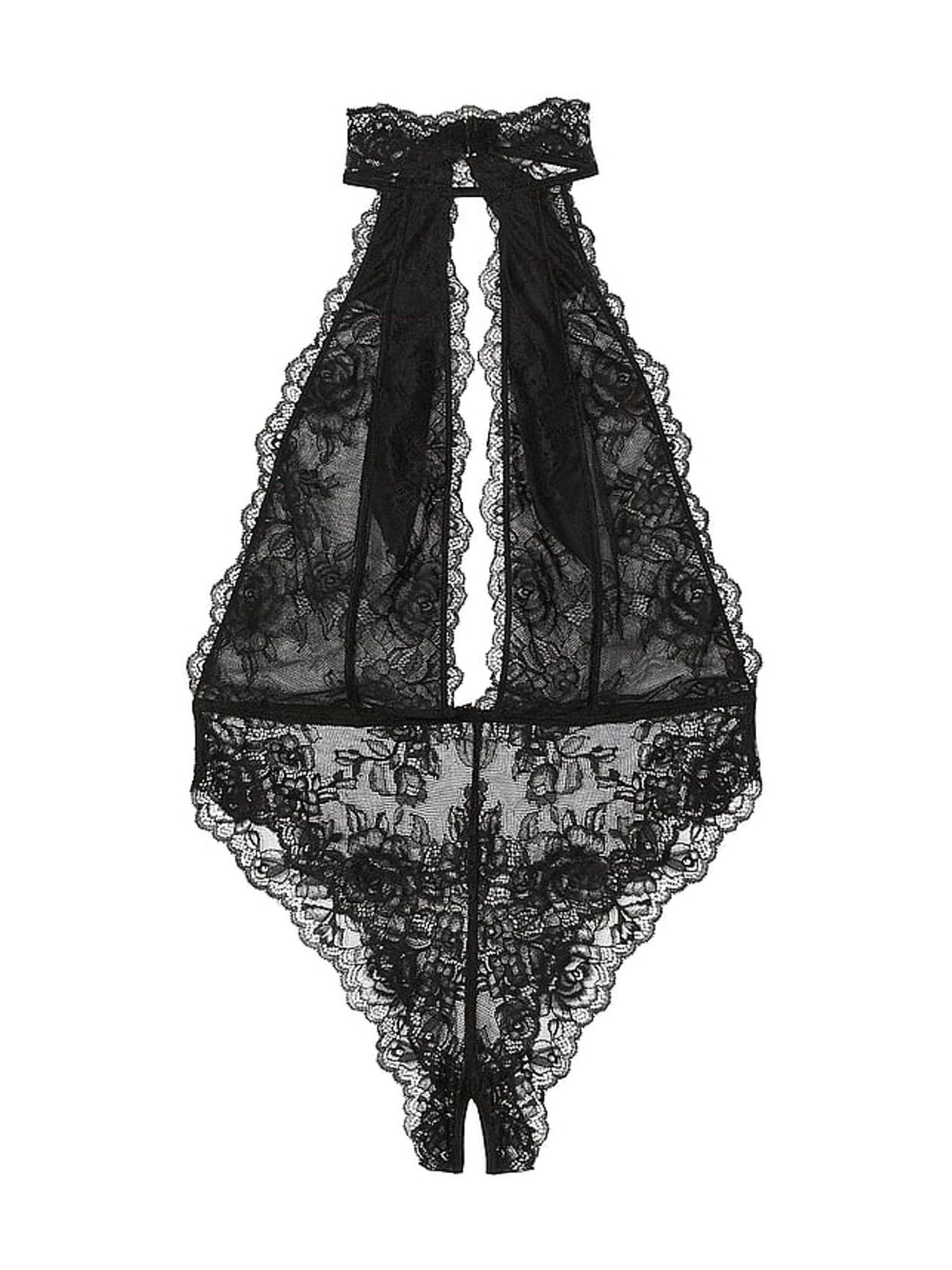 Black Rose Lace Halter Crotchless Bodysuit - Image 3 of 3
