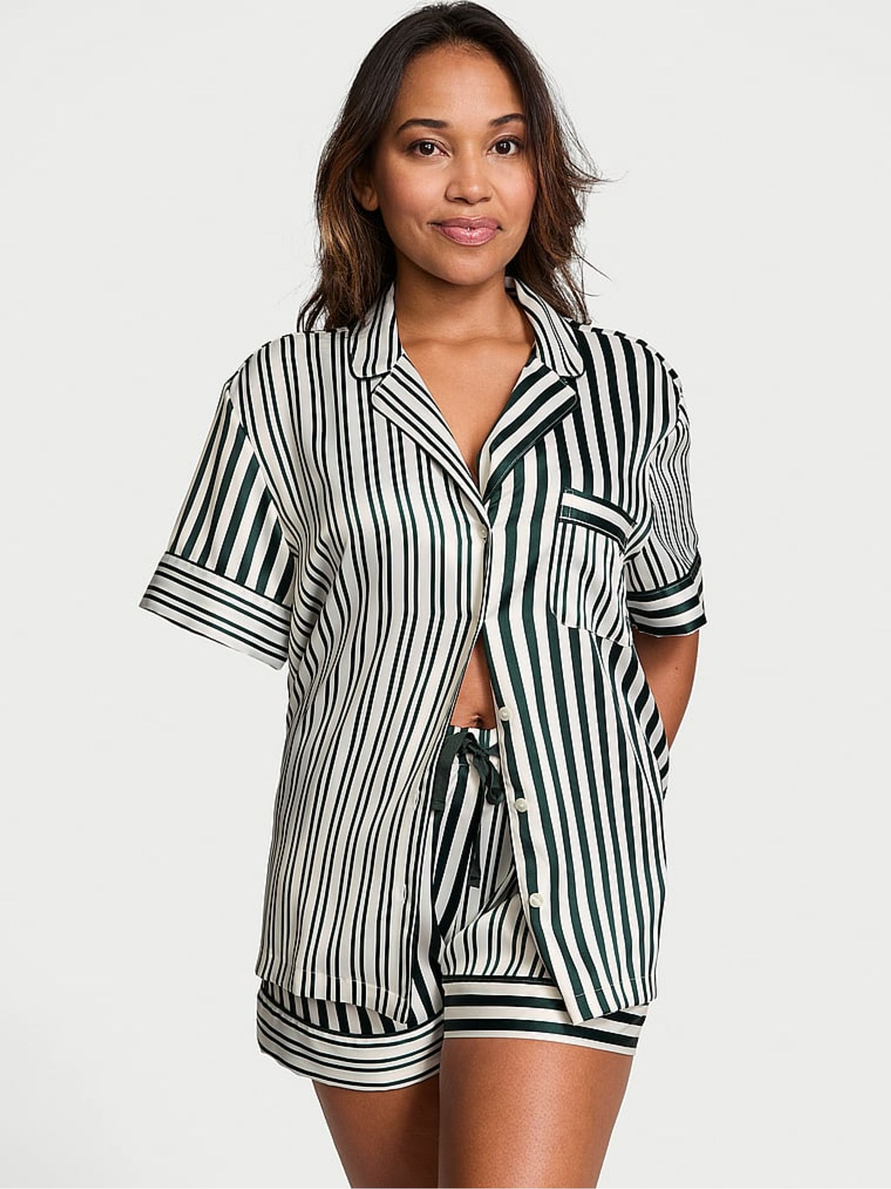 Botanical Green Iconic Stripe Satin Short Pyjama Set - Image 1 of 4