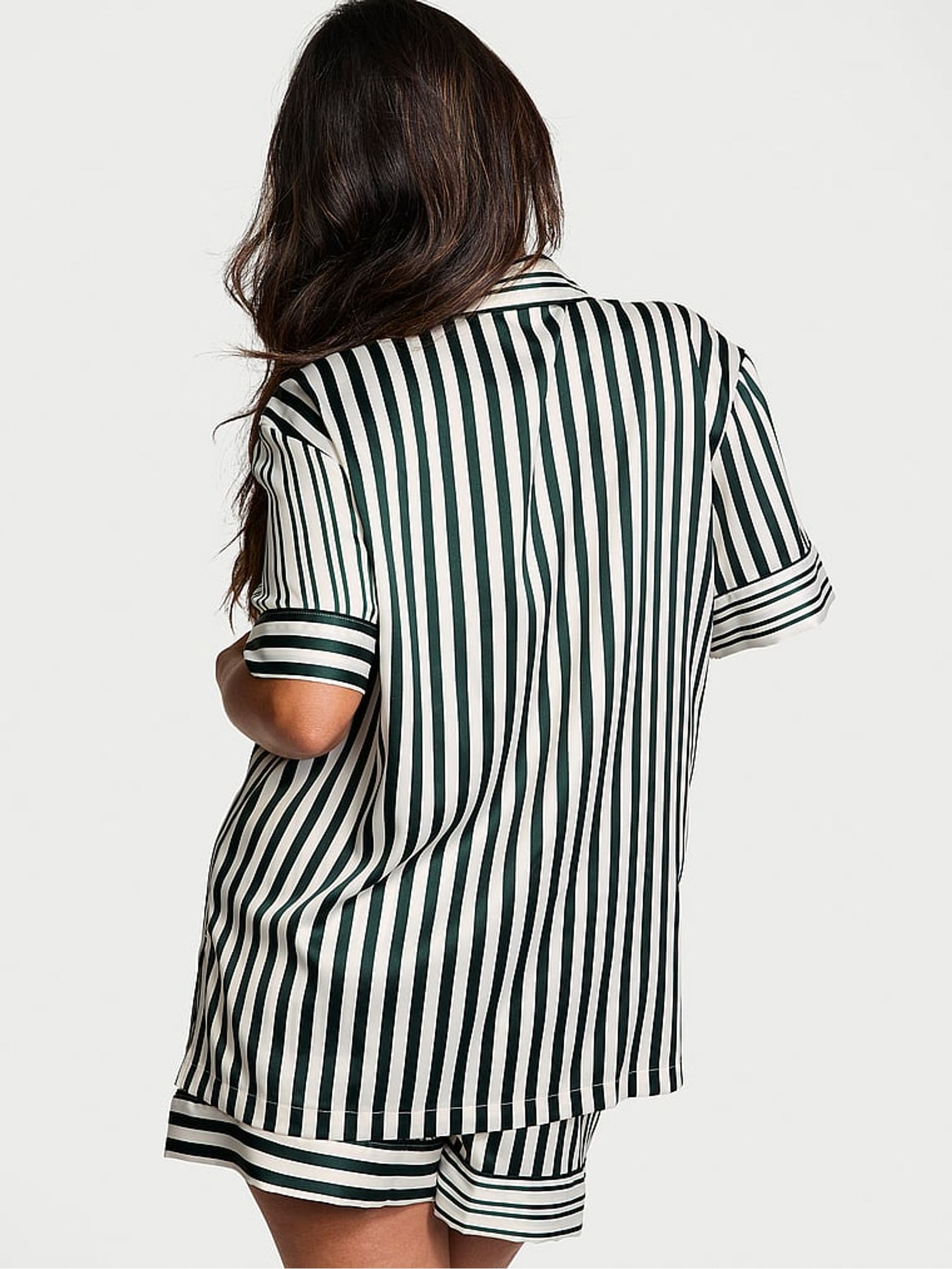 Botanical Green Iconic Stripe Satin Short Pyjama Set - Image 2 of 4