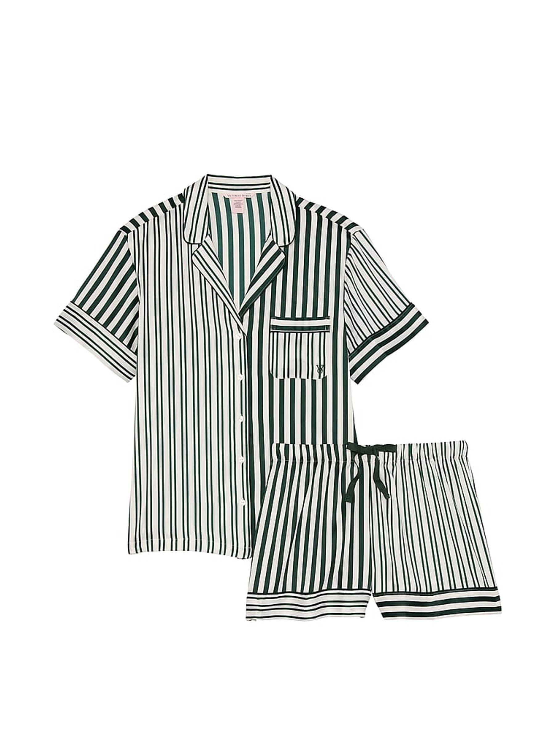 Botanical Green Iconic Stripe Satin Short Pyjama Set - Image 3 of 4