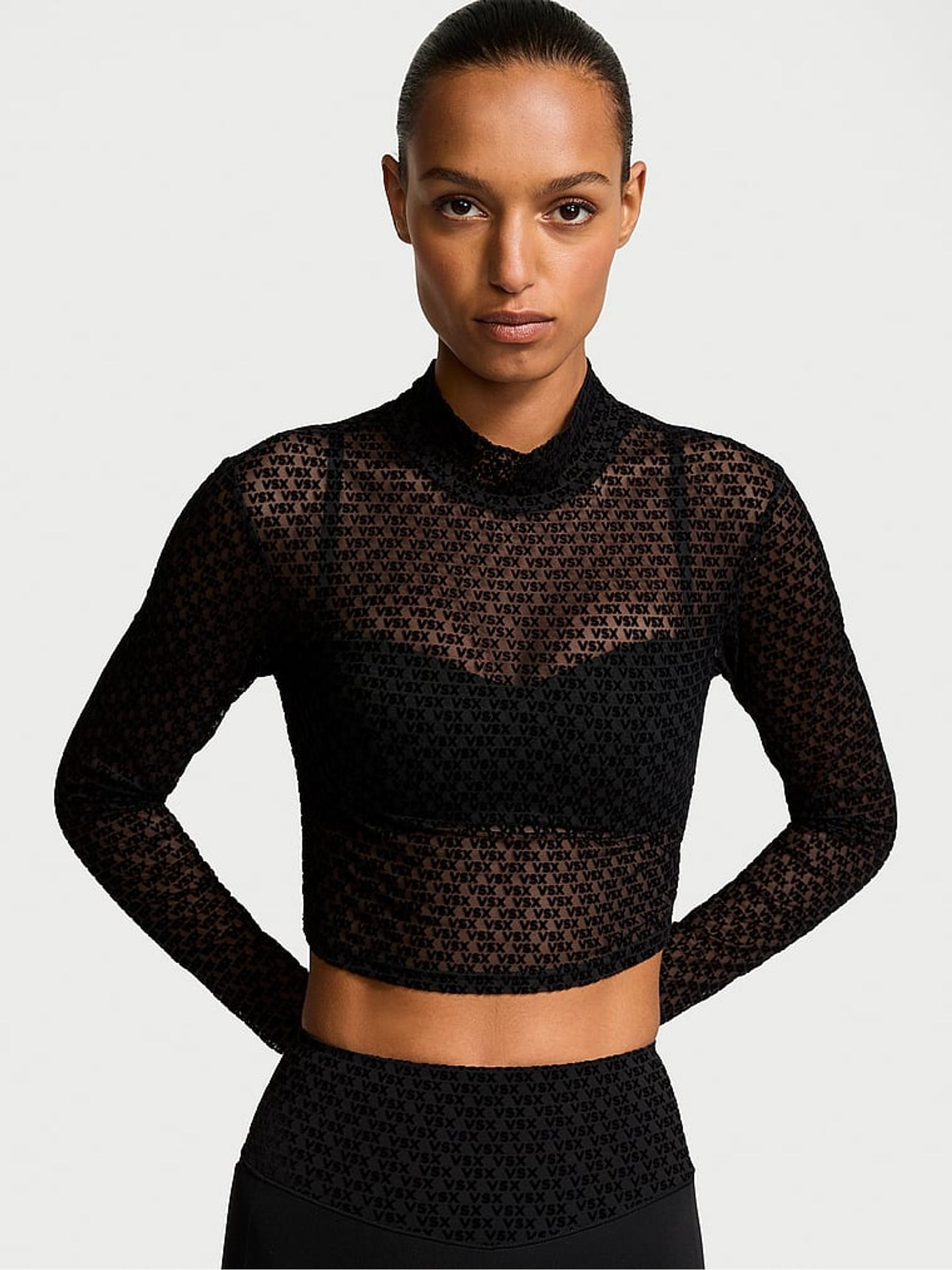 Black Logo Mesh Long Sleeve Crop Top - Image 1 of 3