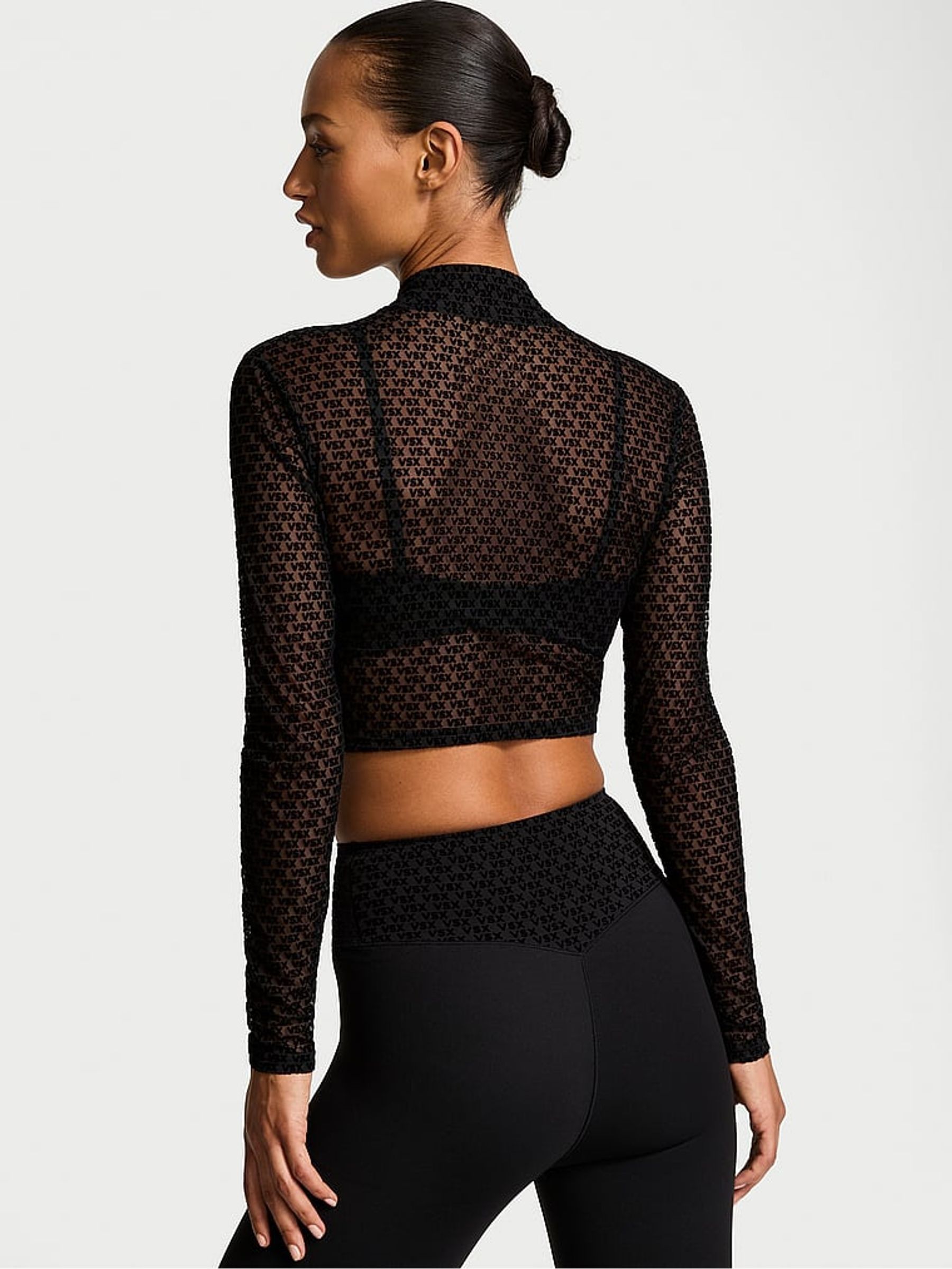 Black Logo Mesh Long Sleeve Crop Top - Image 2 of 3