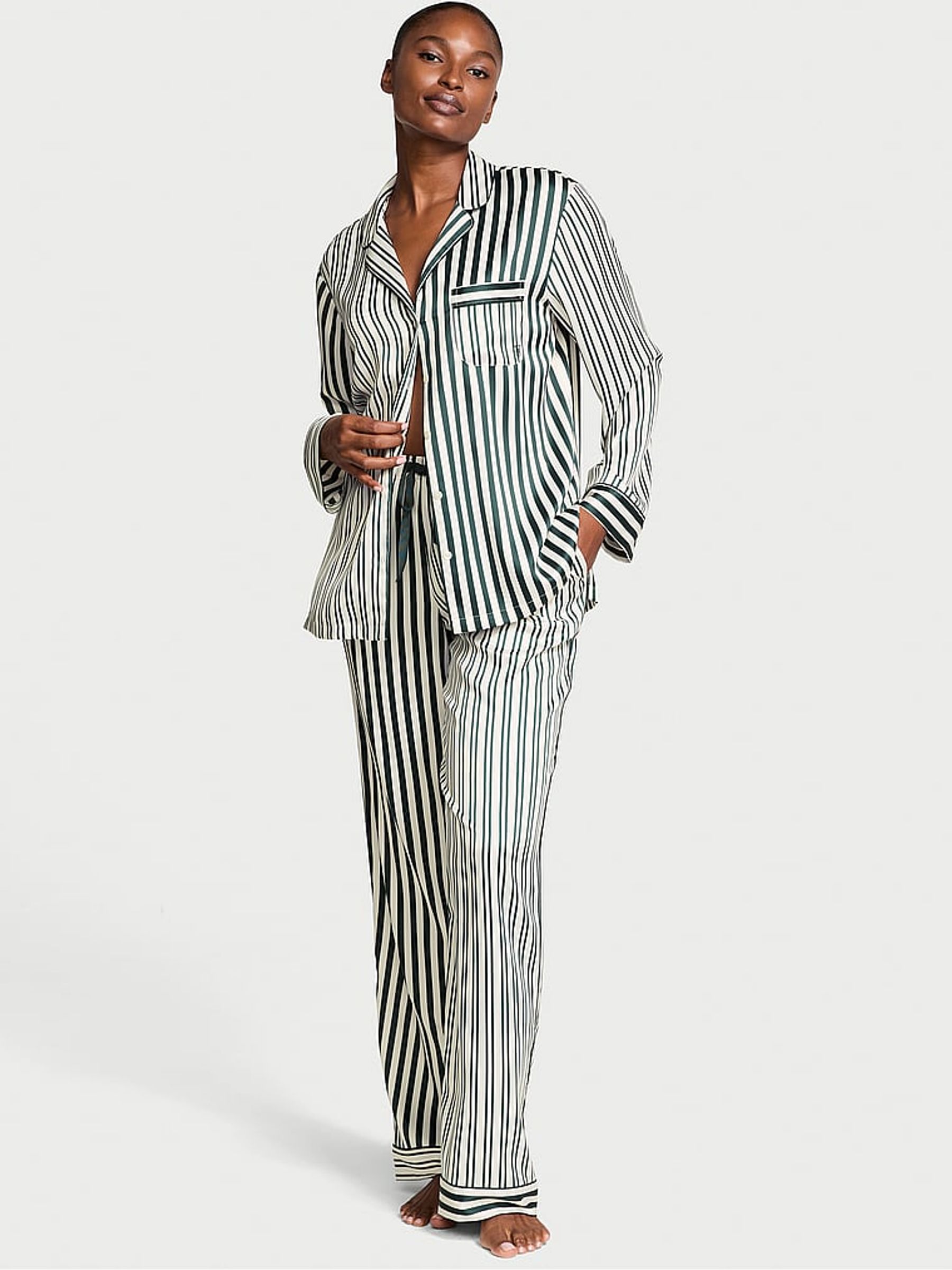 Botanical Green Iconic Stripe Satin Long Pyjama Set - Image 1 of 1