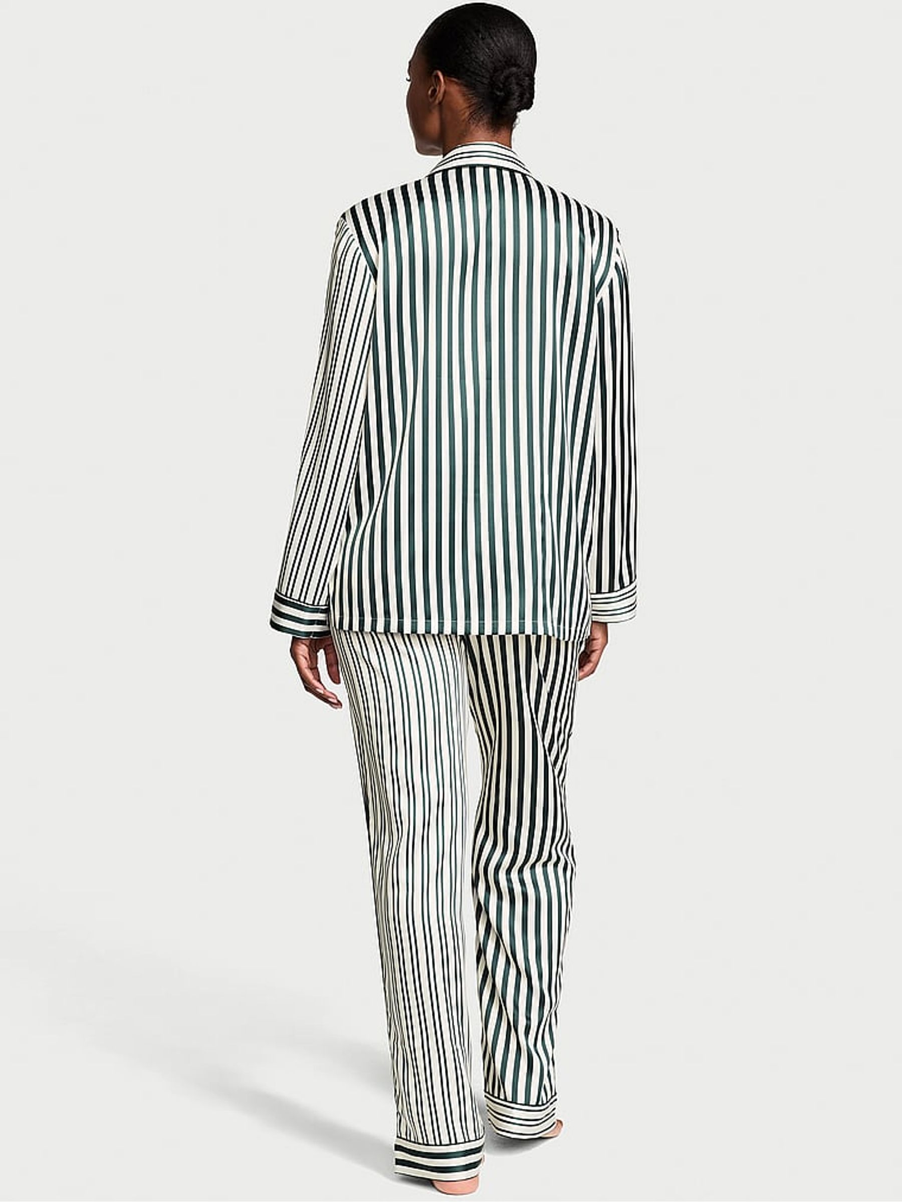 Botanical Green Iconic Stripe Satin Long Pyjama Set - Image 2 of 4