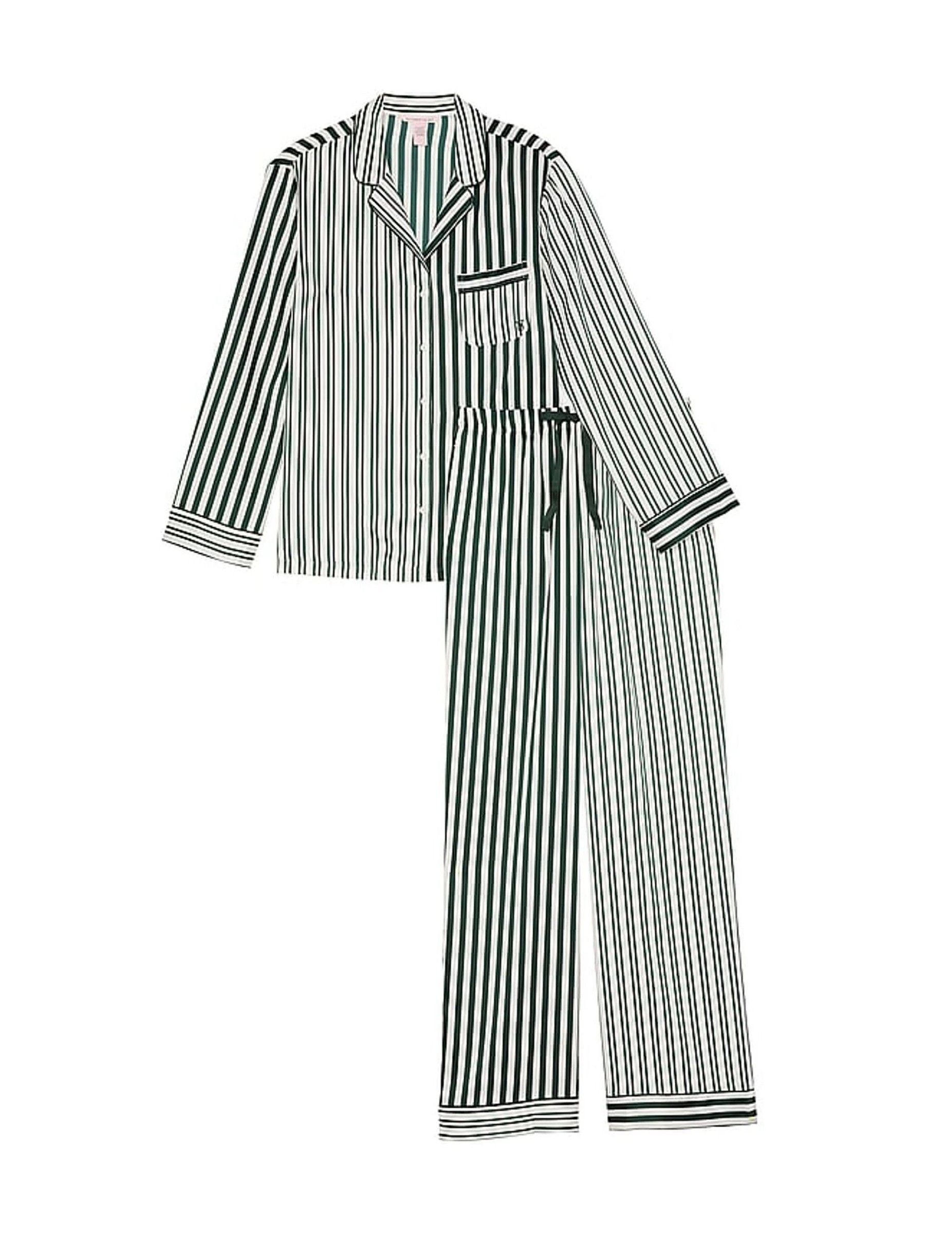 Botanical Green Iconic Stripe Satin Long Pyjama Set - Image 3 of 4