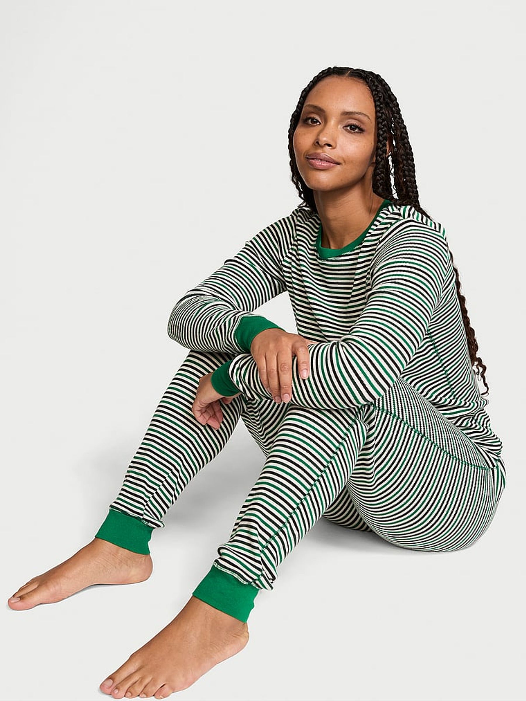 Prettiest Pine Stripe Green Thermal Long Pyjama Set - Image 1 of 1