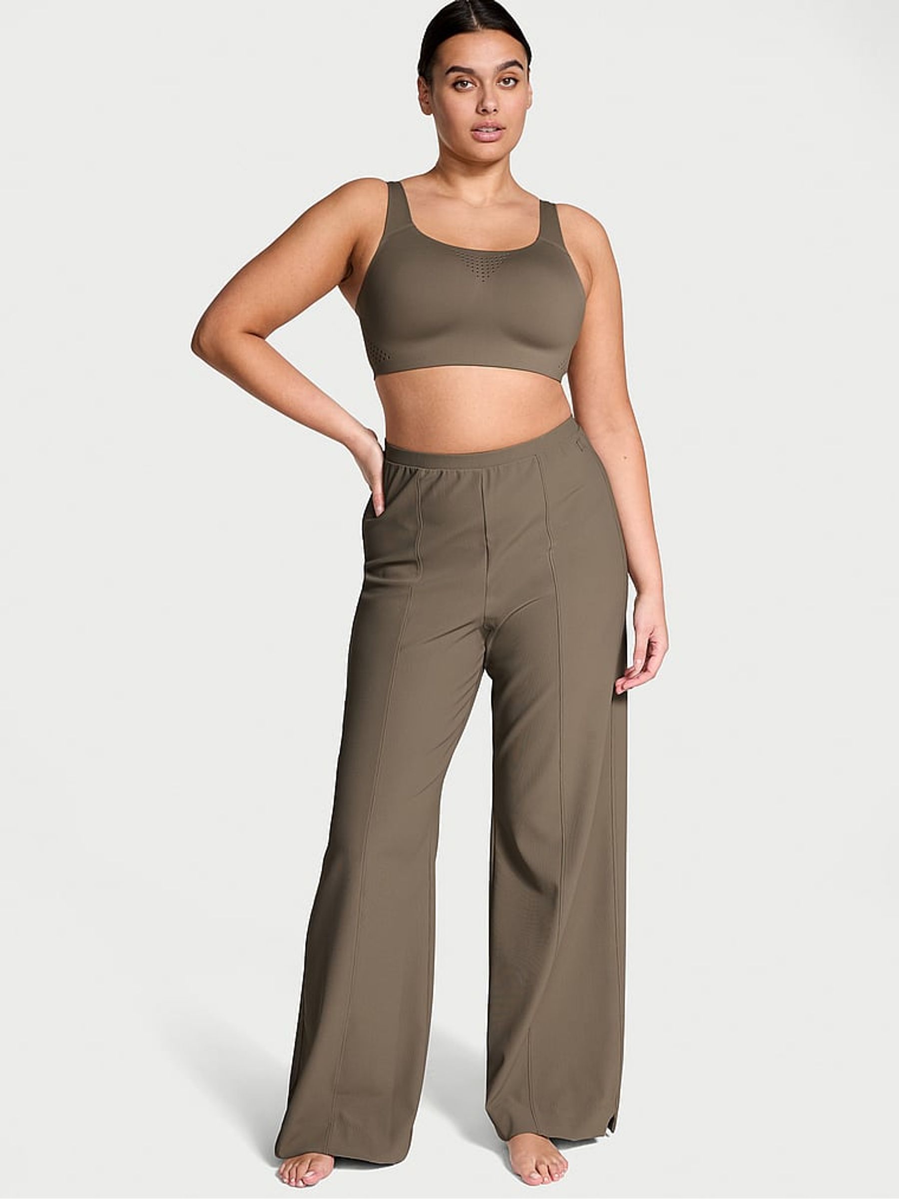 Olive Green Rib Wide Leg Joggers - Image 1 of 3