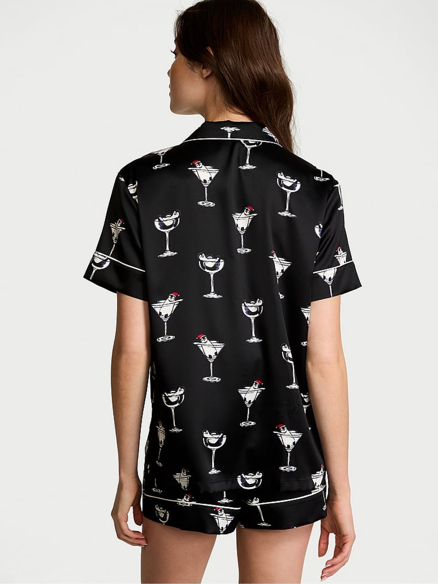 Black Cocktail Penguins Satin Short Pyjama Set - Image 2 of 4