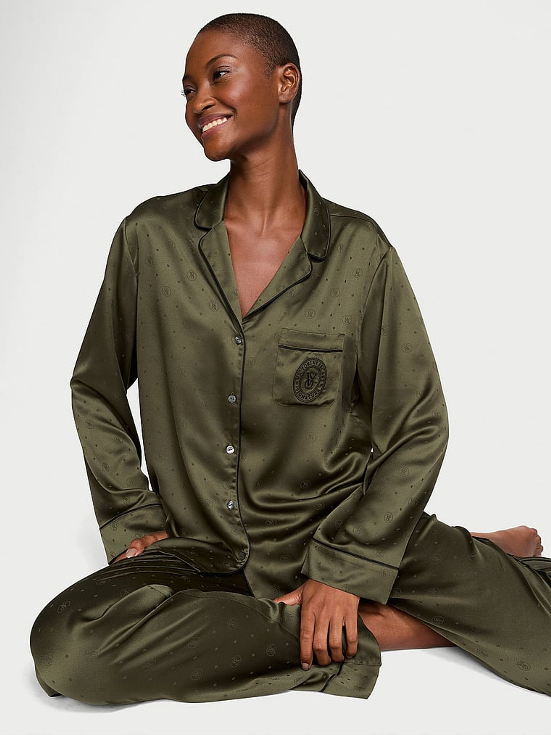 Olive Green VS Logo Dot Satin Long Pyjama Set - Image 1 of 1