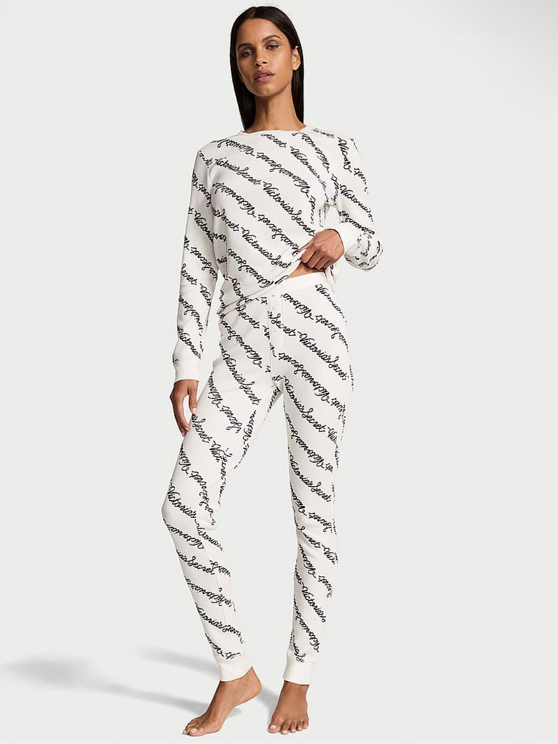 Coconut White Ribbon Script Thermal Long Pyjama Set - Image 1 of 3