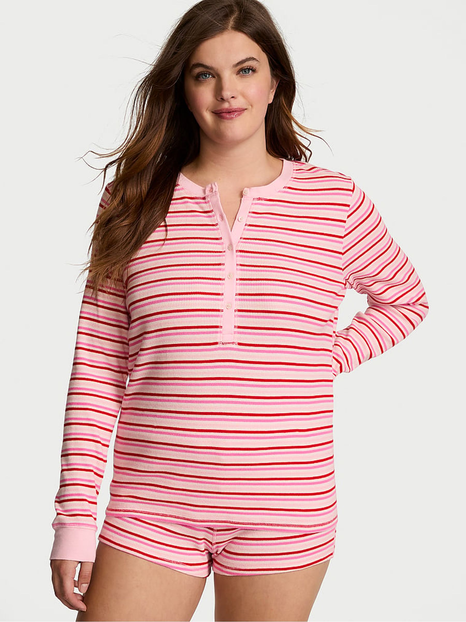 Pretty Blossom Pink Holiday Stripe Thermal Short Pyjama Set - Image 1 of 1