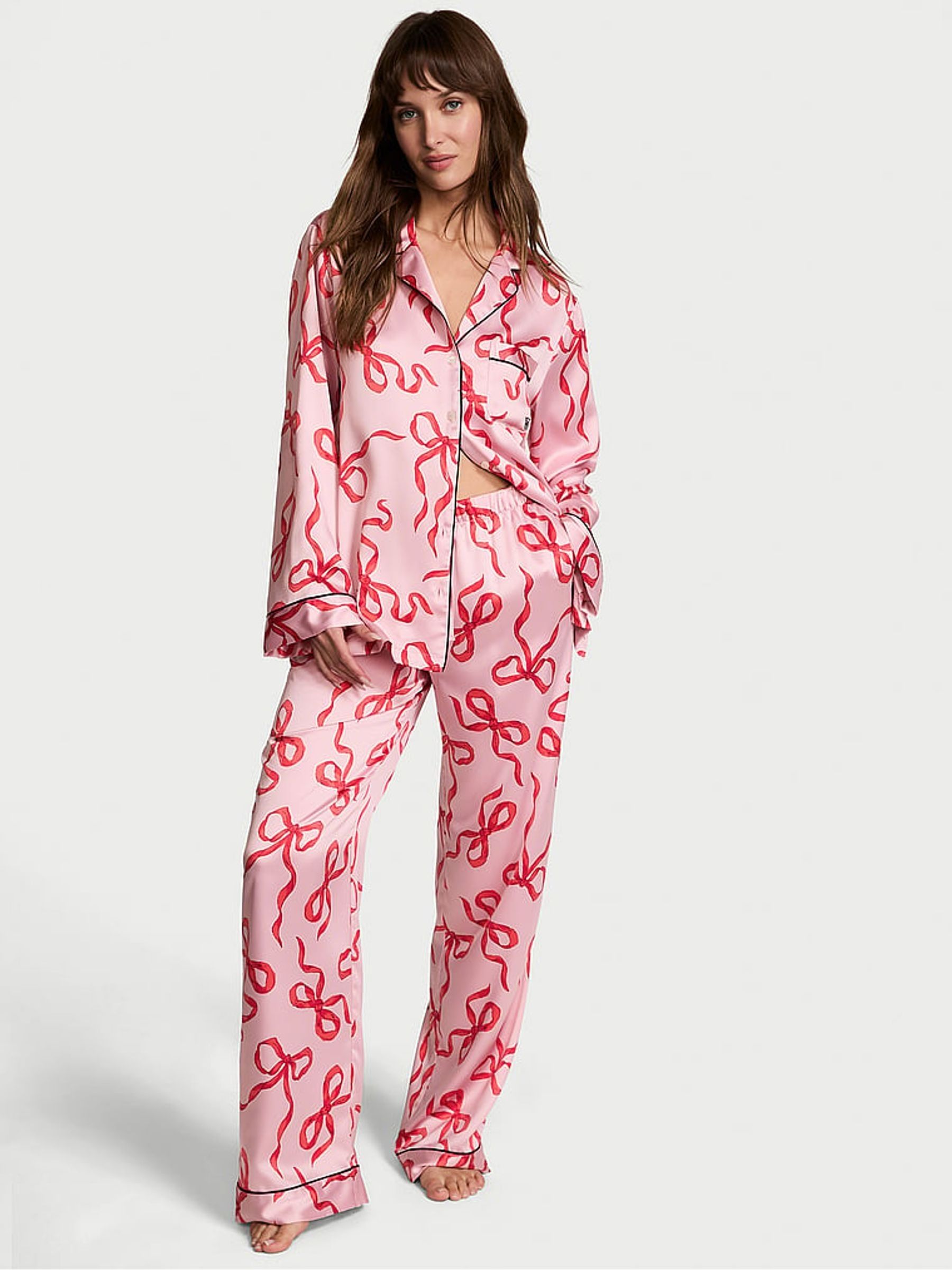 Chalk Rose/Lipstick Bows Pink Satin Long Pyjama Set - Image 1 of 4