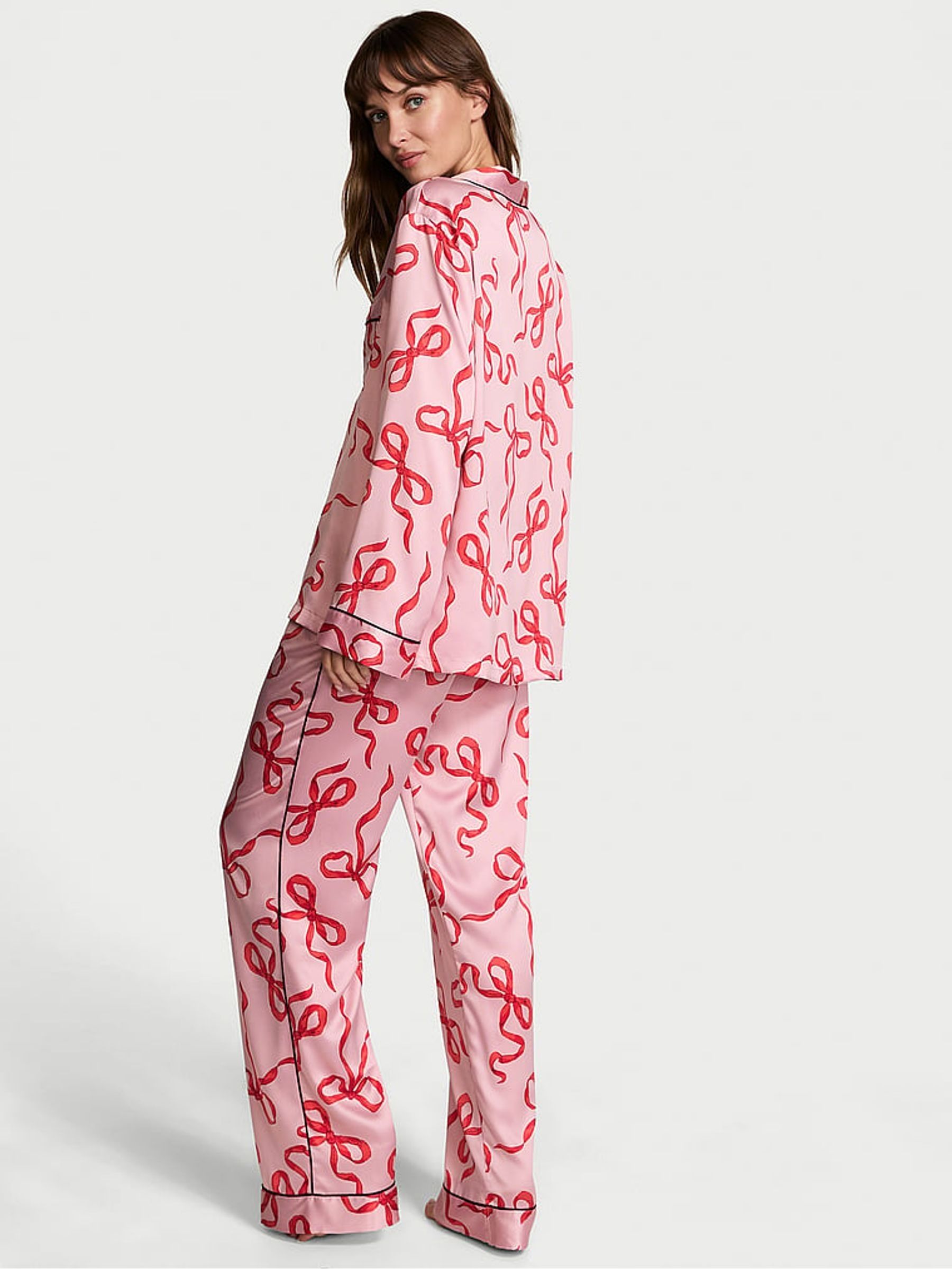 Chalk Rose/Lipstick Bows Pink Satin Long Pyjama Set - Image 2 of 4