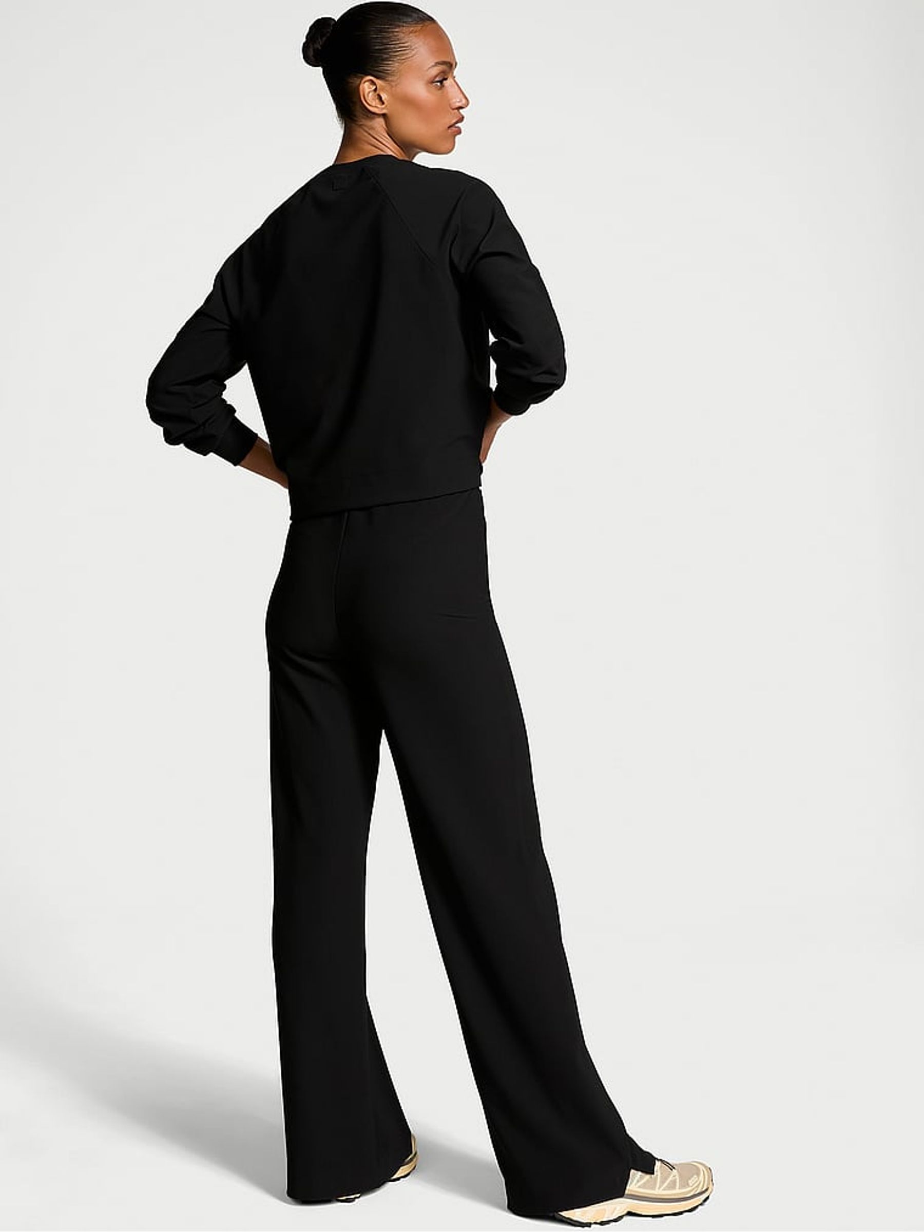 Black Rib Wide Leg Joggers - Image 2 of 5