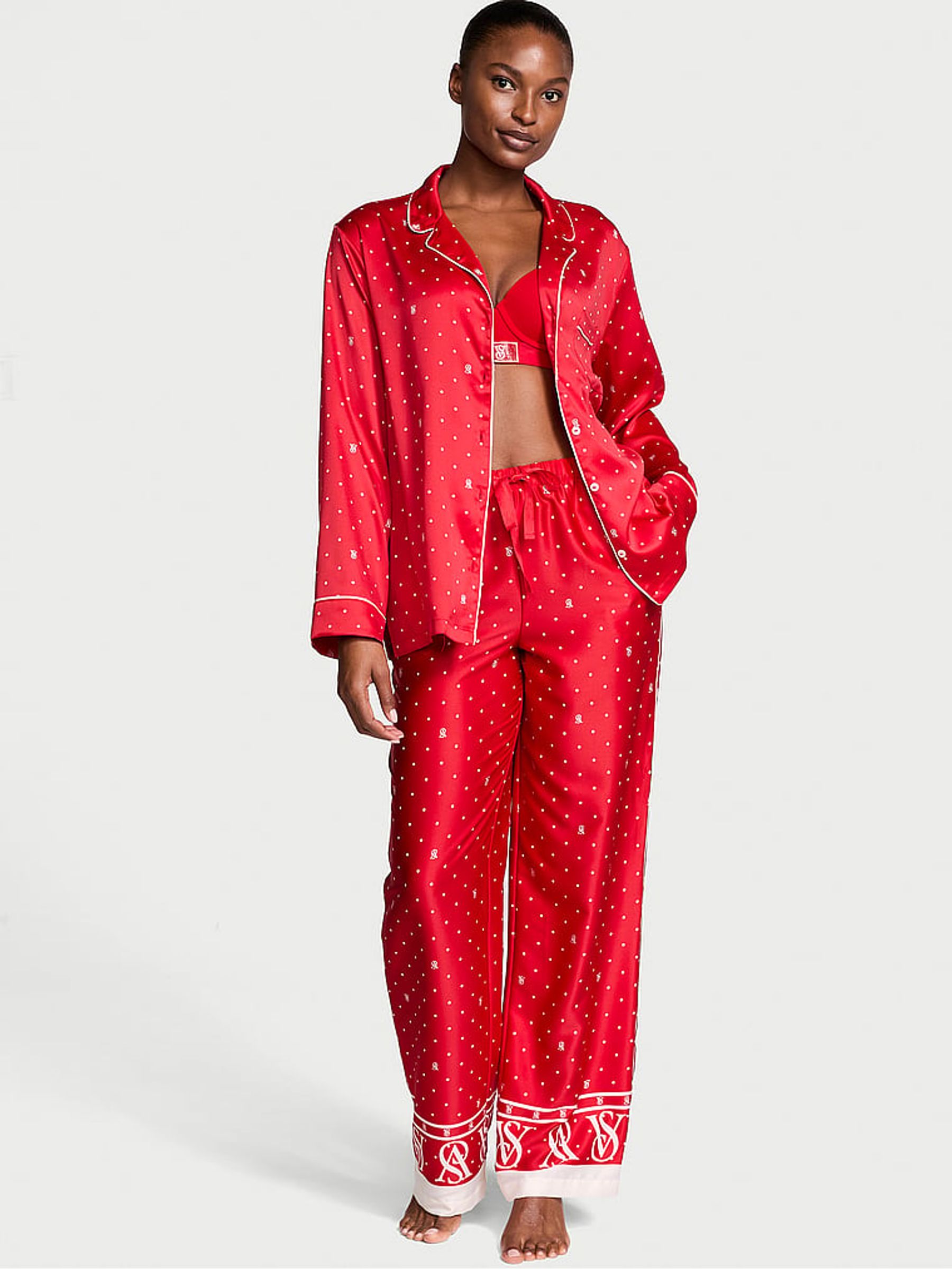 Lipstick Red Logo Pin Dot Satin Long Pyjama Set - Image 1 of 4