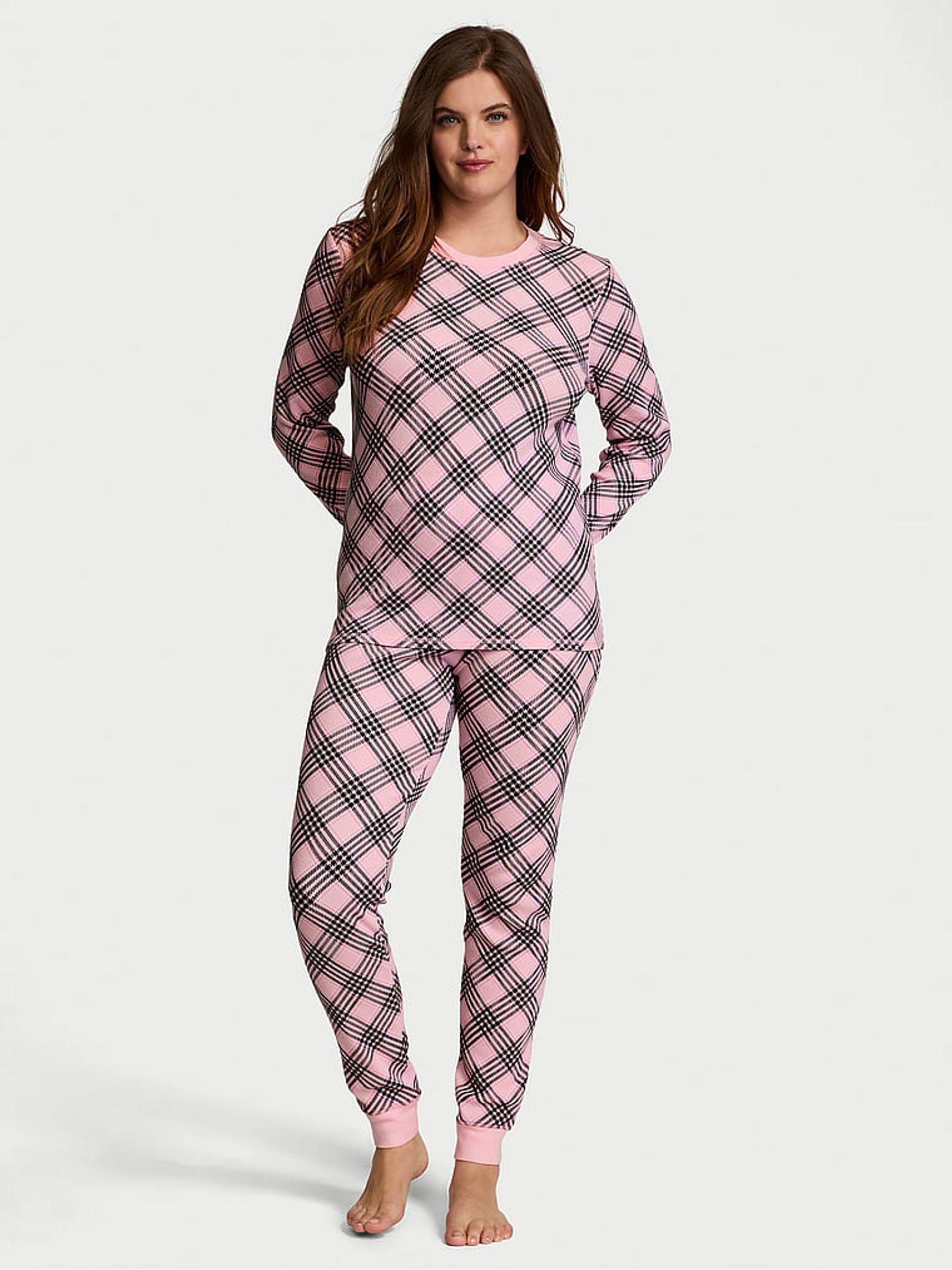 Pretty Blossom Lovely Plaid Pink Thermal Long Pyjama Set - Image 1 of 3
