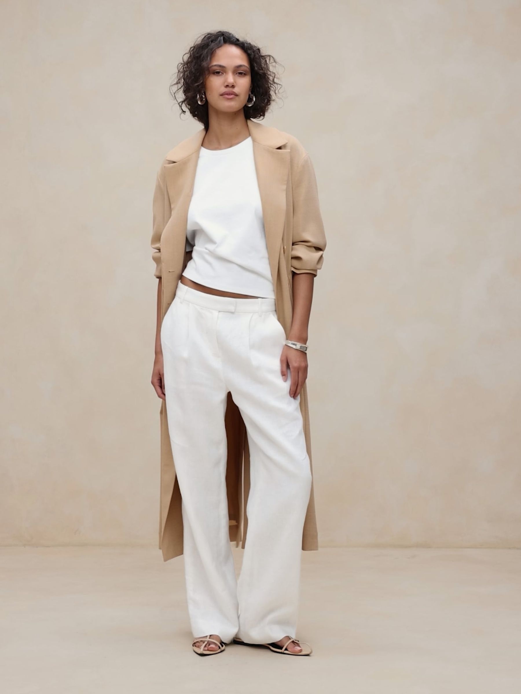 Banana Republic White Lina Straight Linen Trousers - Image 1 of 5