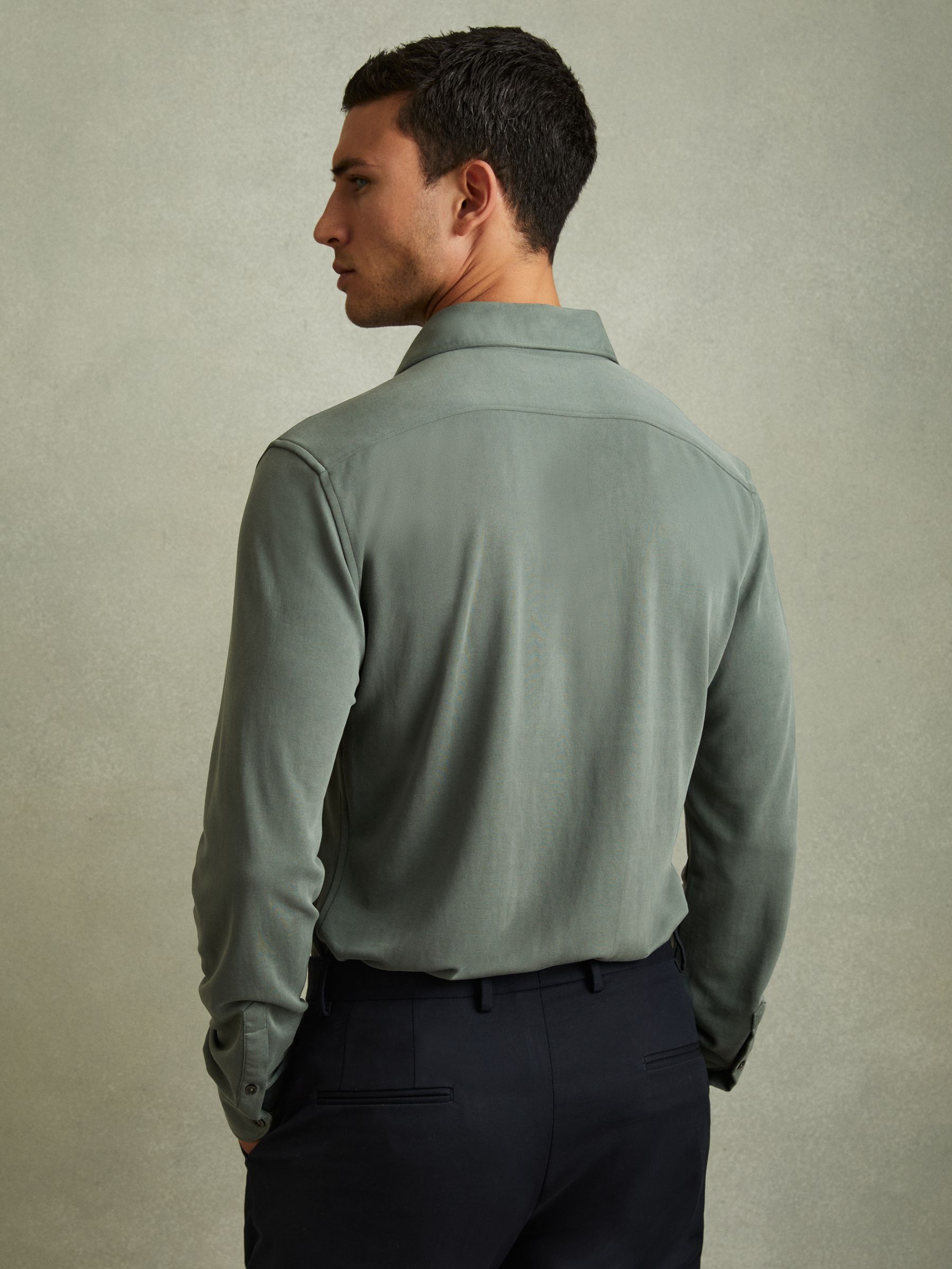 Modal Blend Cutaway Collar Shirt in Green Smoke - Image 4 of 5