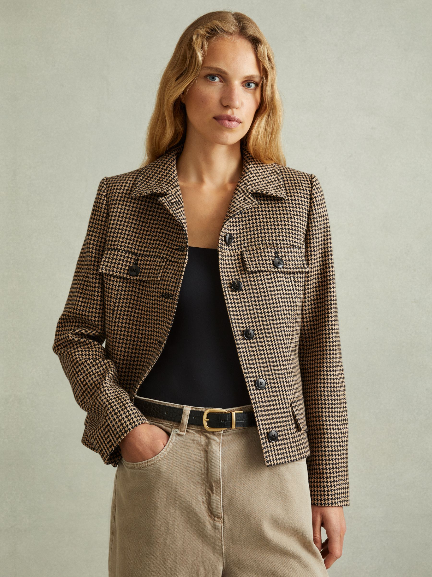 Lena Black/Camel Dogtooth Check Collared Jacket - Image 1 of 6