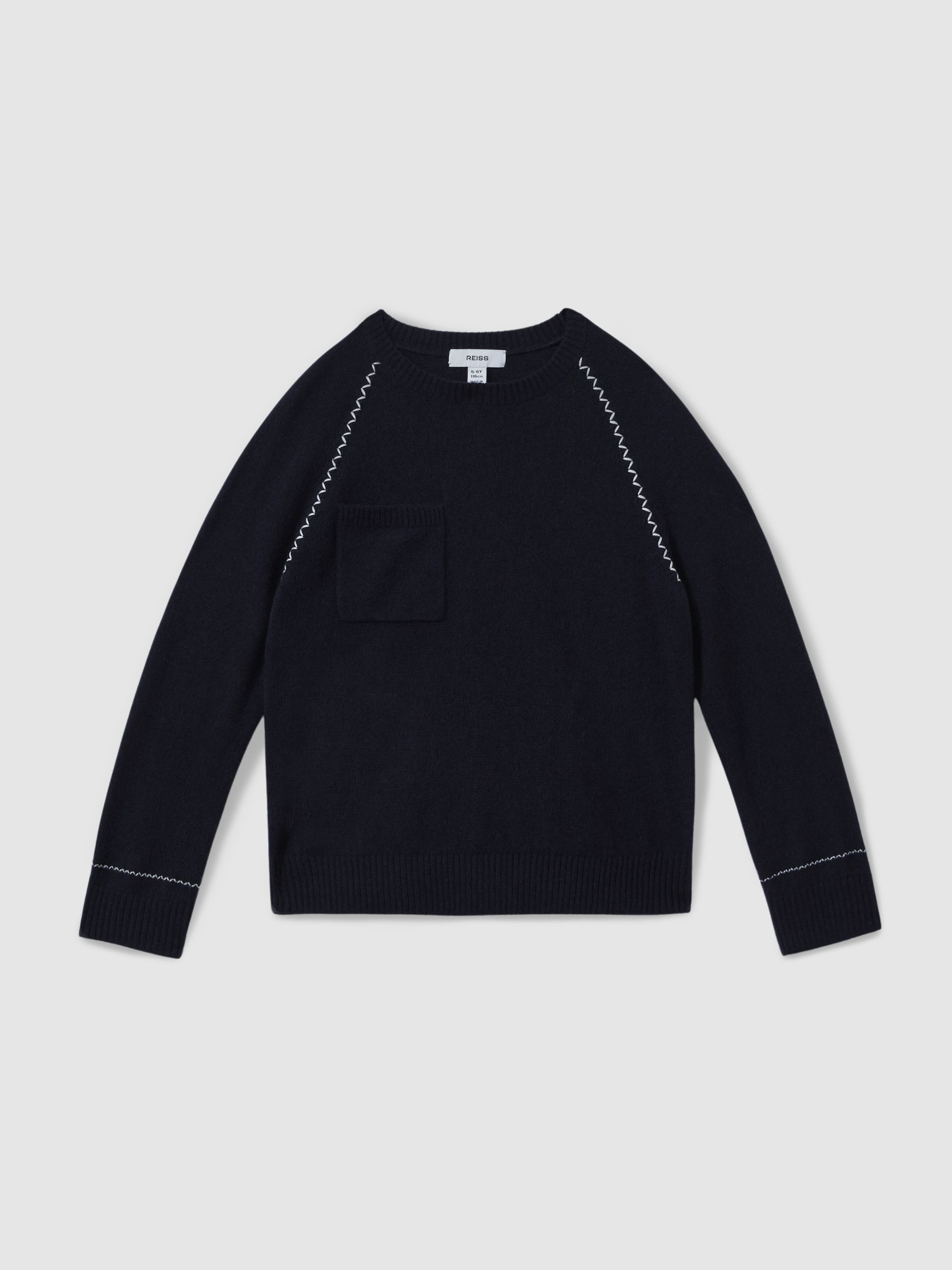 9-13 yrs Contrast Stitch Wool Blend Crew Neck Jumper in Navy - Image 2 of 4