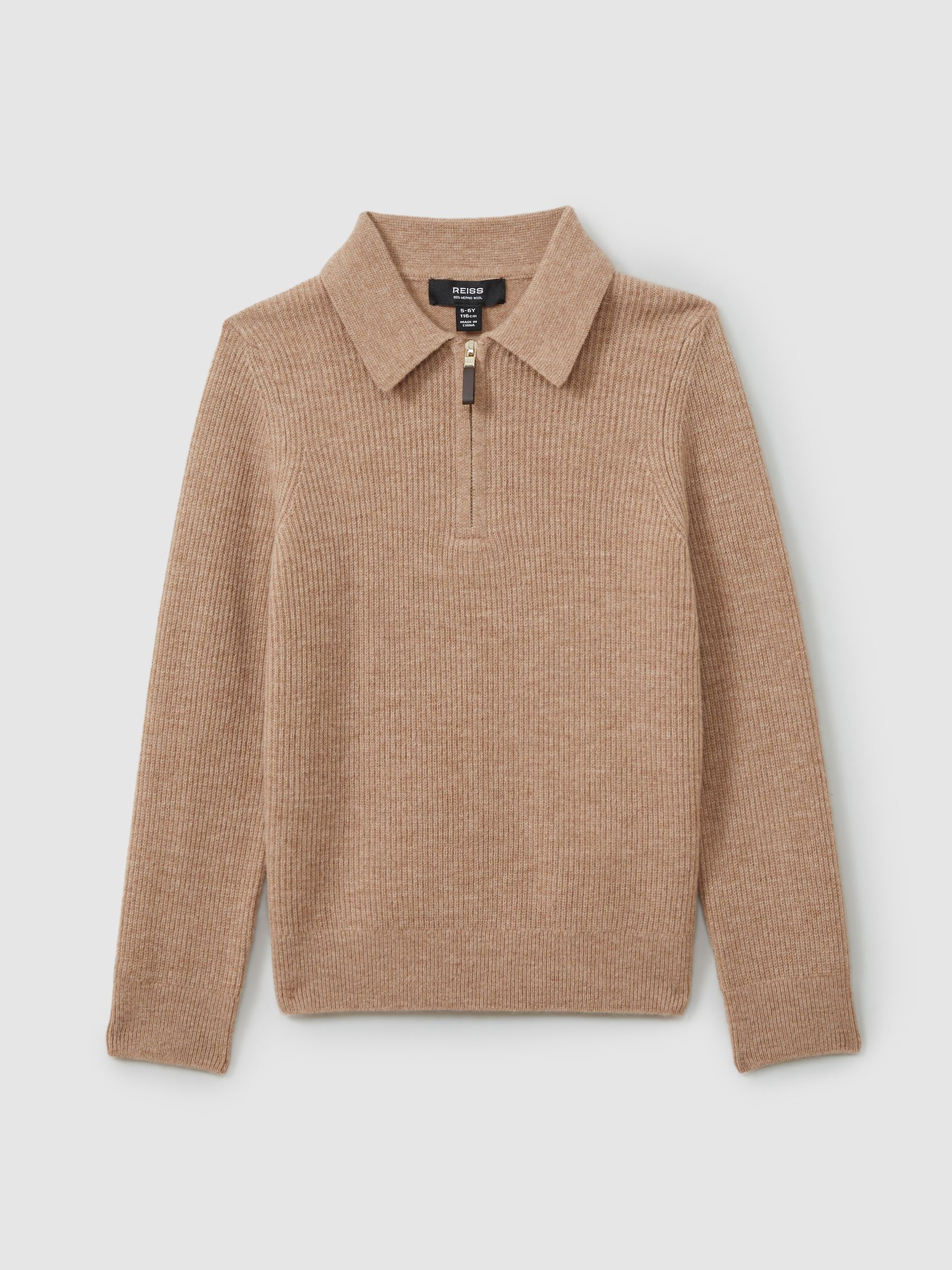 13-14 yrs Merino Wool Quarter Zip Polo Shirt in Soft Camel Brown - Image 1 of 4
