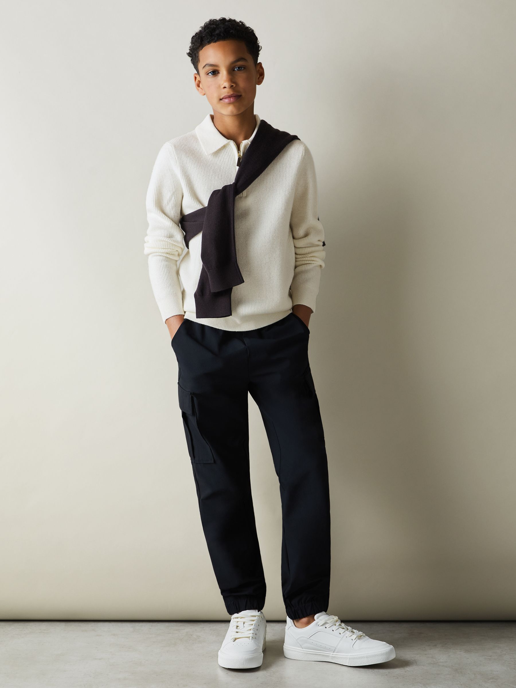 13-14 yrs Merino Wool Quarter Zip Polo Shirt in Off White - Image 2 of 4