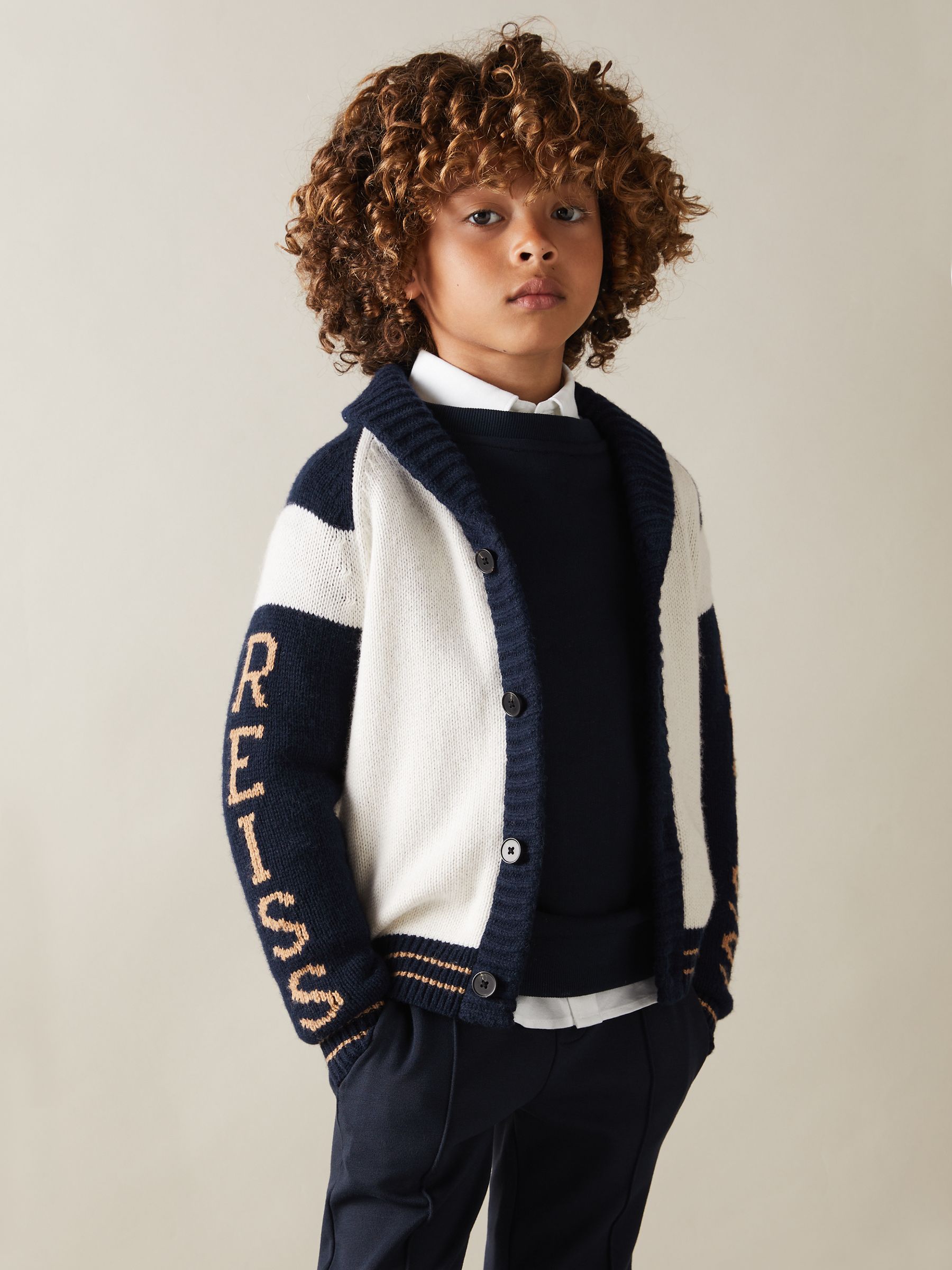 9-13 yrs Knitted Varsity Cardigan in Off White/Navy - Image 1 of 5