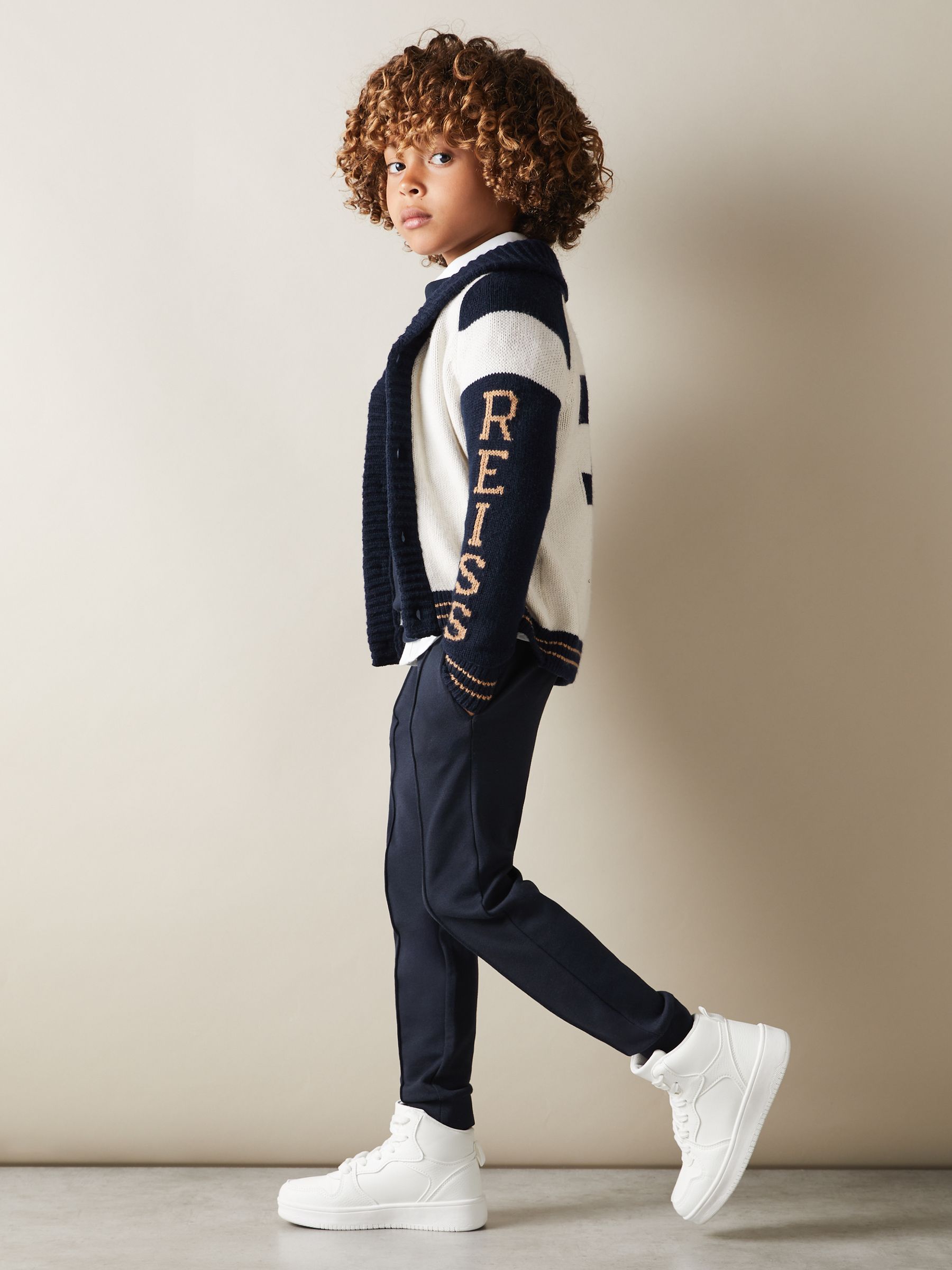 9-13 yrs Knitted Varsity Cardigan in Off White/Navy - Image 3 of 5