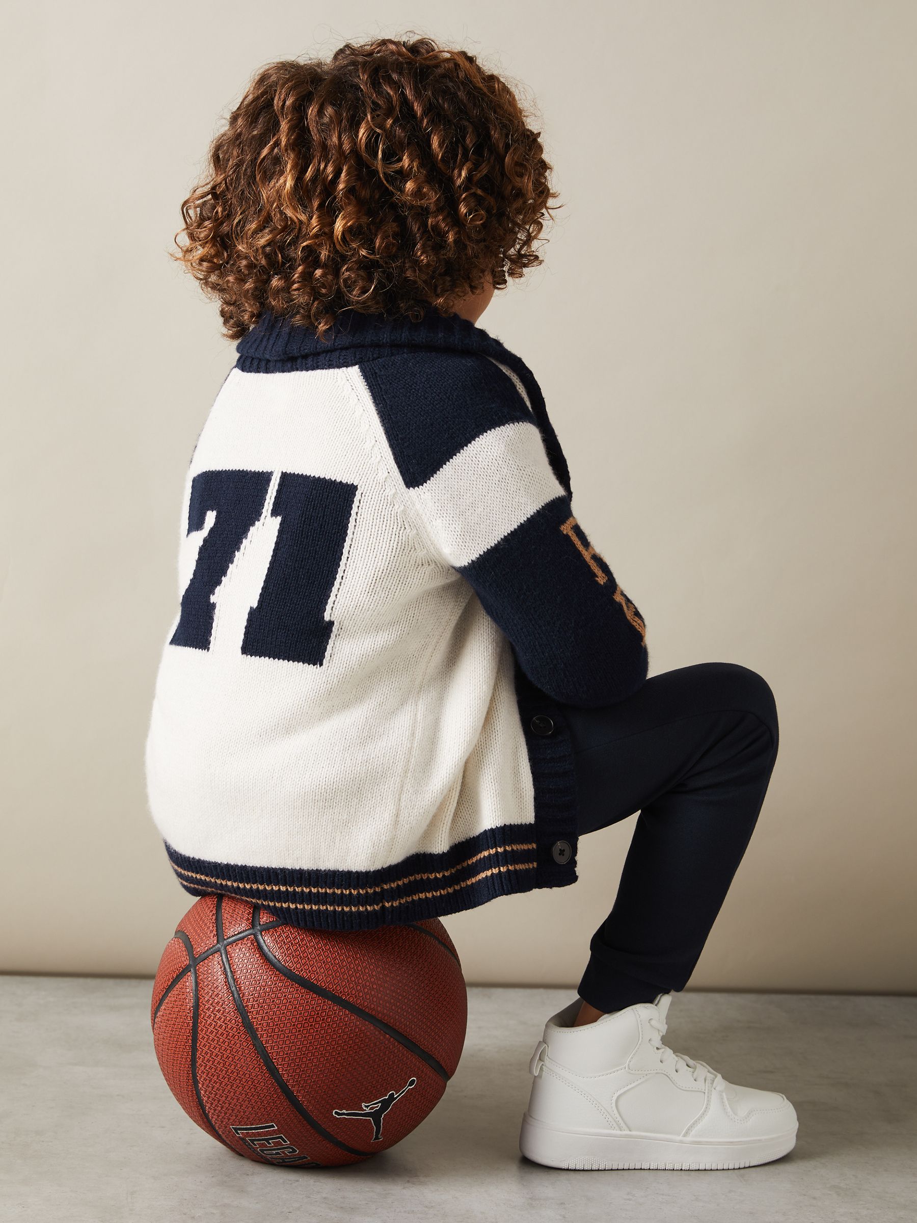 9-13 yrs Knitted Varsity Cardigan in Off White/Navy - Image 4 of 5