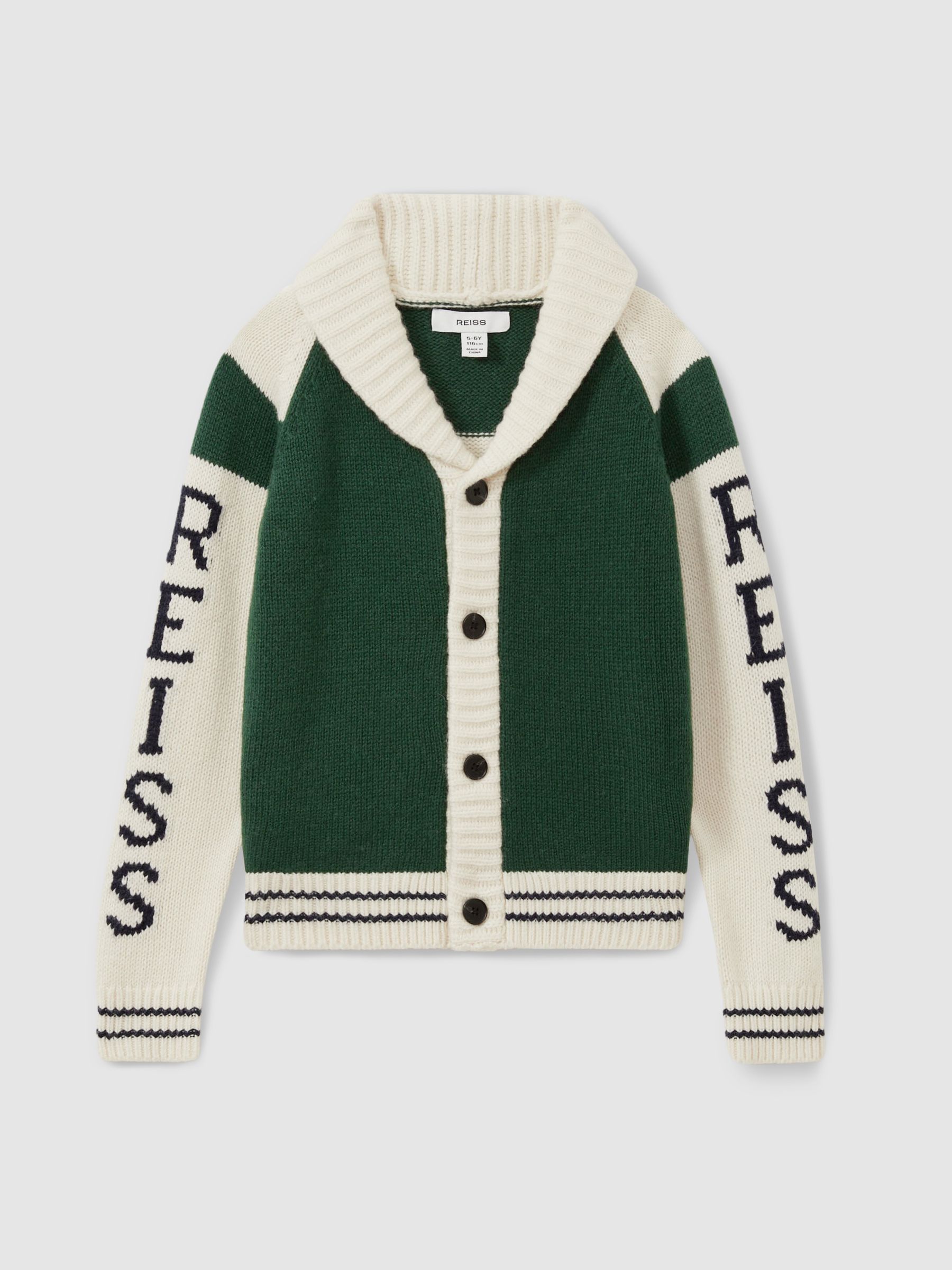 3-9 yrs Knitted Varsity Cardigan in Green/Offwhite - Image 2 of 4
